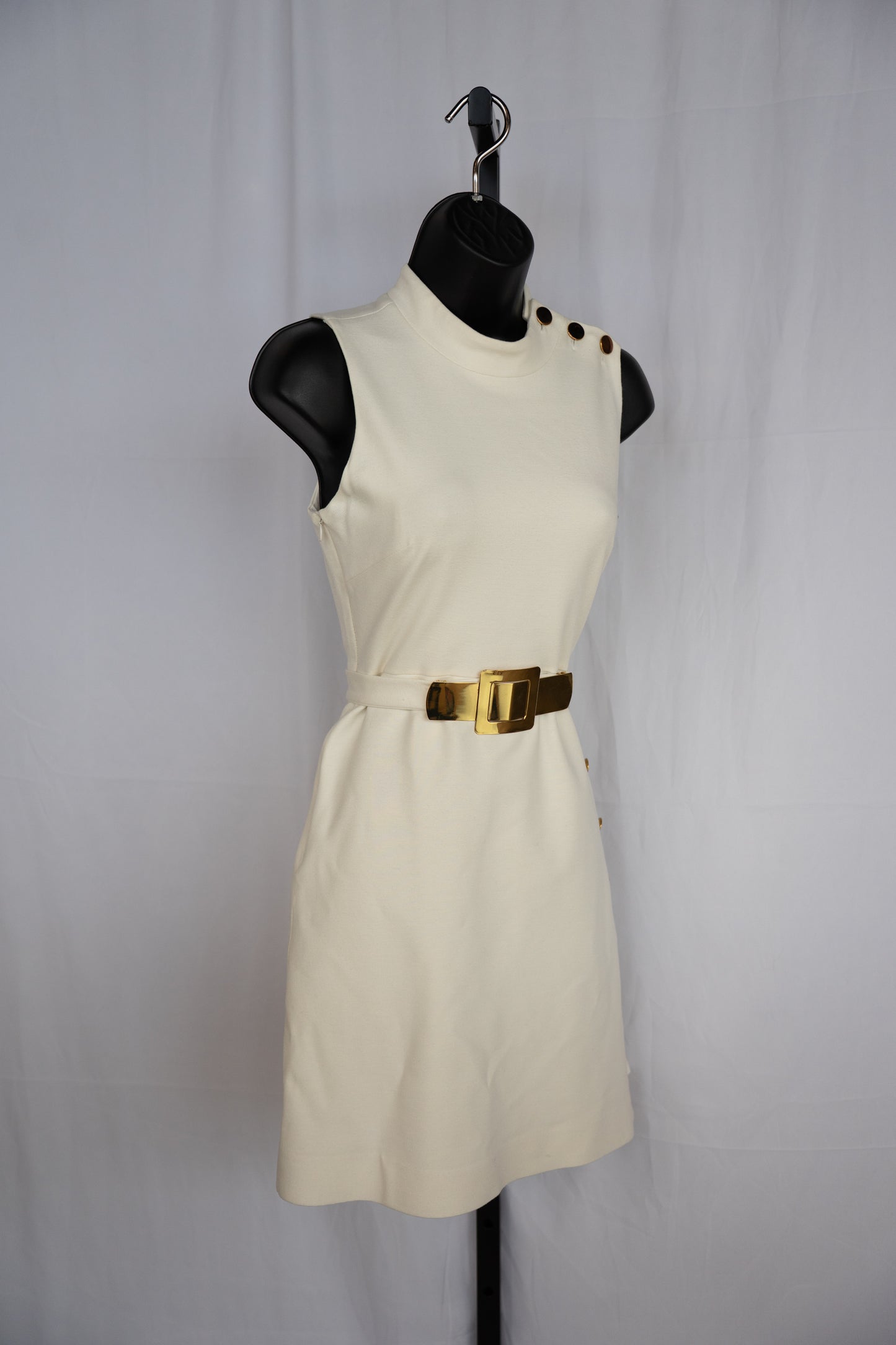 Milly White Mock Neck Sleeveless Gold Button Detail Mini Dress w Belt