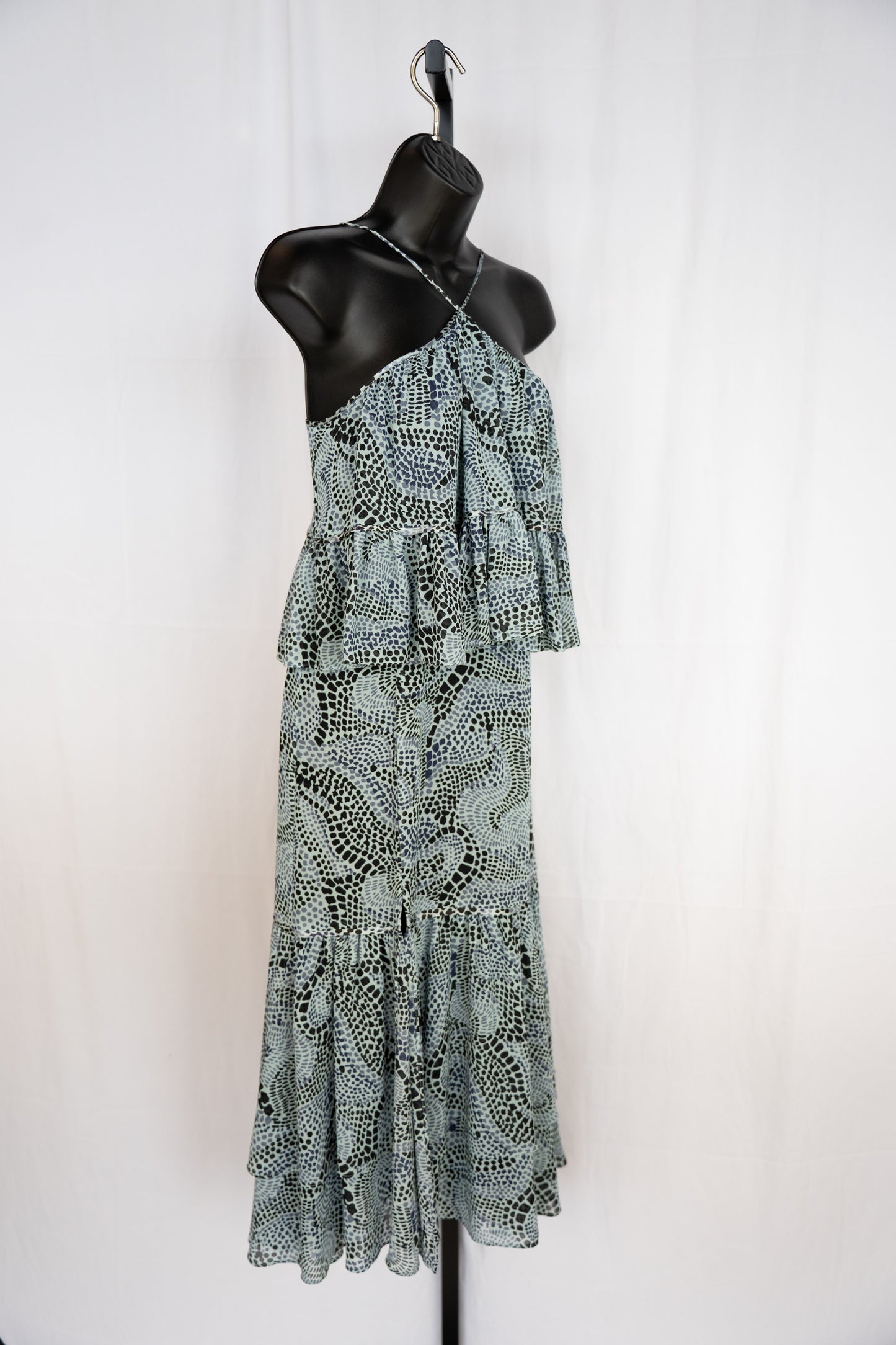 Cinq a Sept Blue & Navy Print Cross front Sleeveless Ruffle Midi Dress