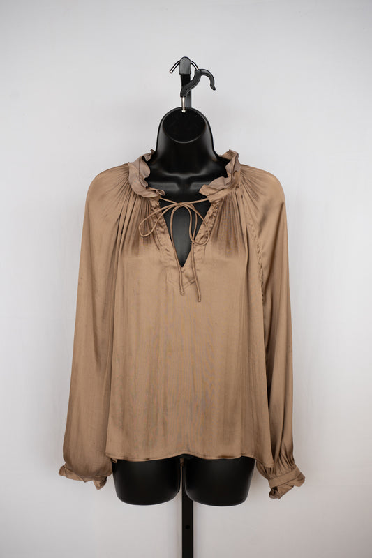 Reset Satin Brown Bronze Ruffle & Tie Neck Long Sleeve Blouse