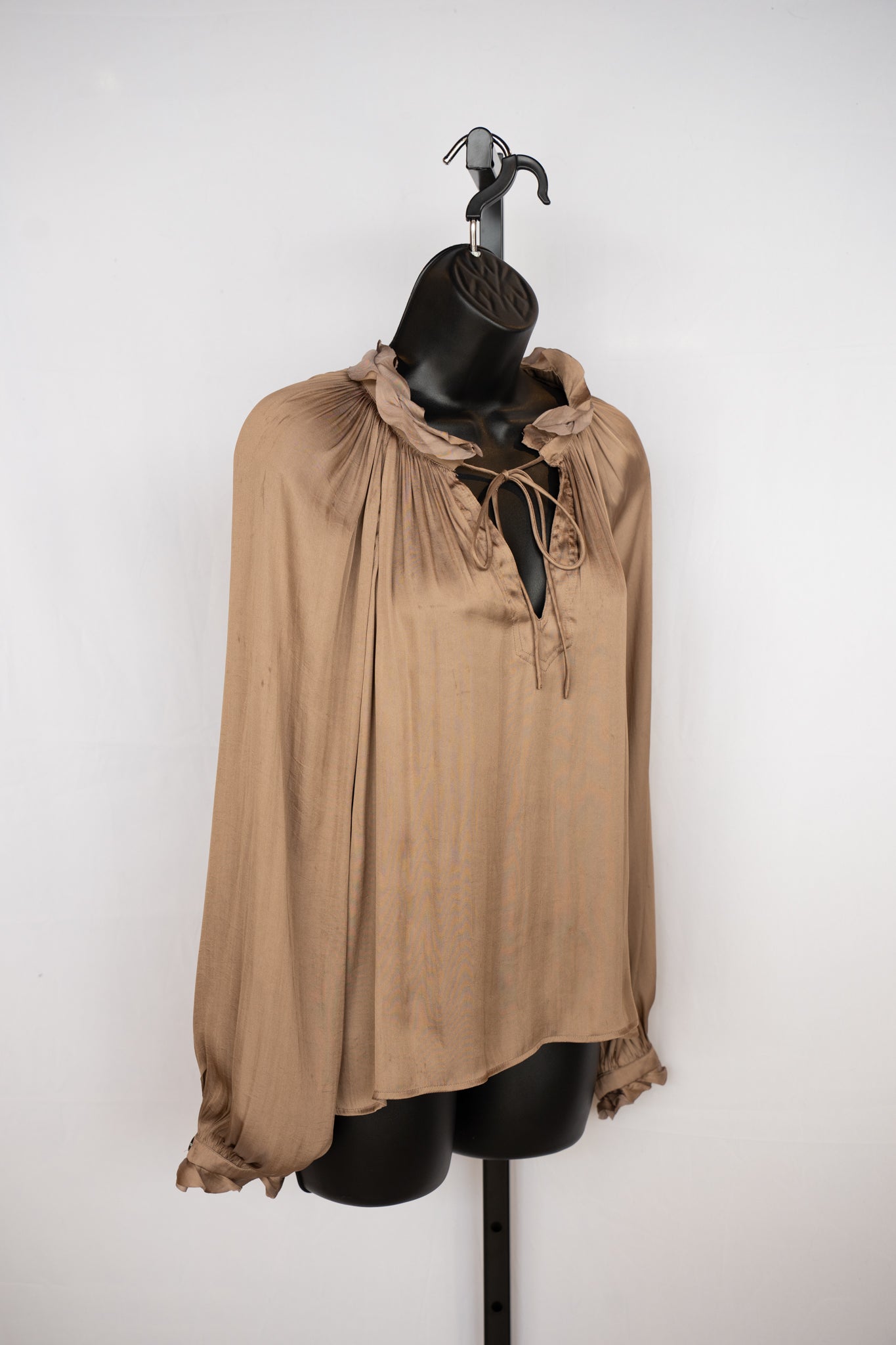 Reset Satin Brown Bronze Ruffle & Tie Neck Long Sleeve Blouse