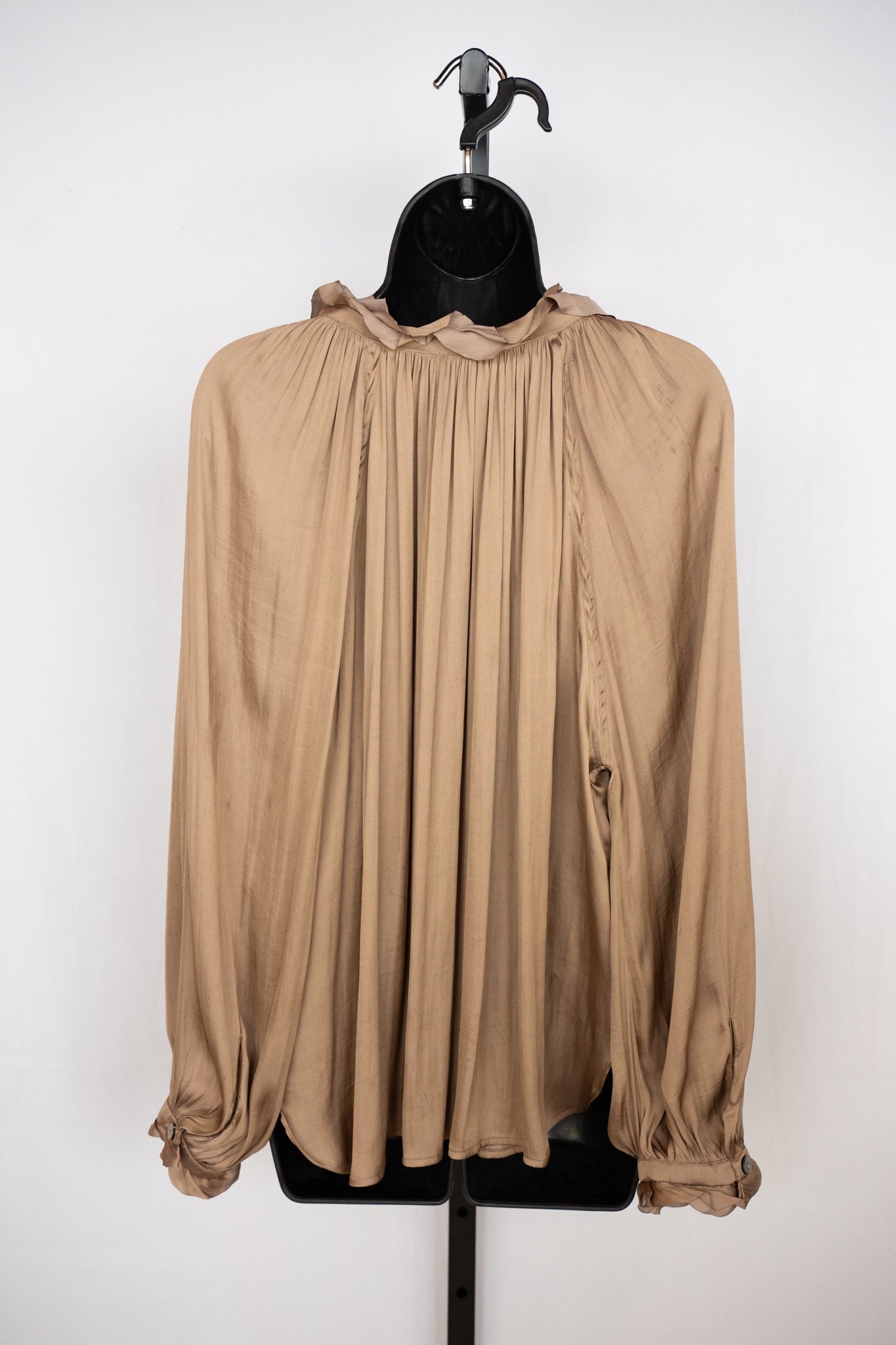 Reset Satin Brown Bronze Ruffle & Tie Neck Long Sleeve Blouse