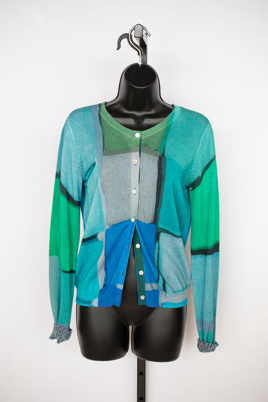 Deborah James Multi Blue & Green Square Print Reversible Cardigan Sweater NWT