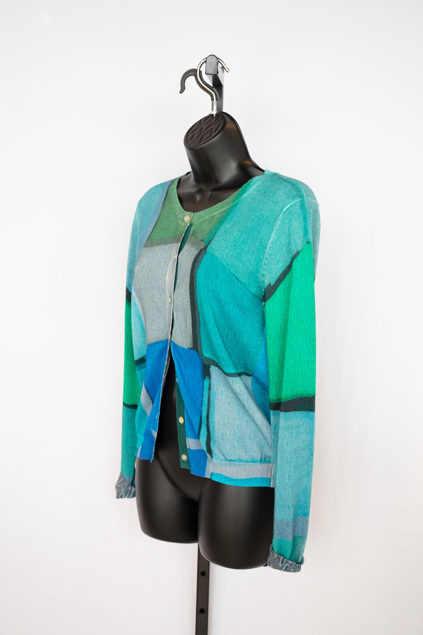 Deborah James Multi Blue & Green Square Print Reversible Cardigan Sweater NWT