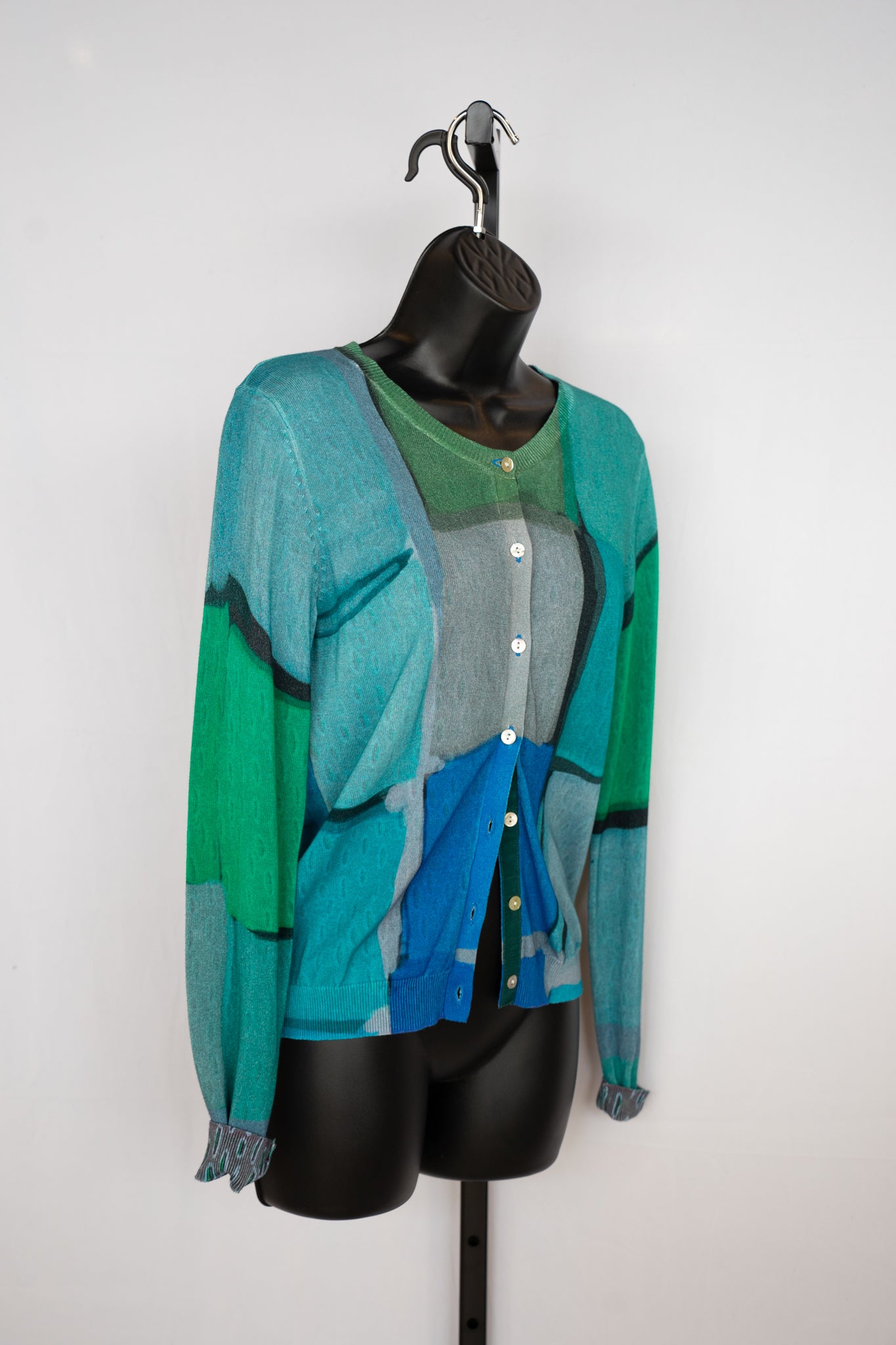 Deborah James Multi Blue & Green Square Print Reversible Cardigan Sweater NWT