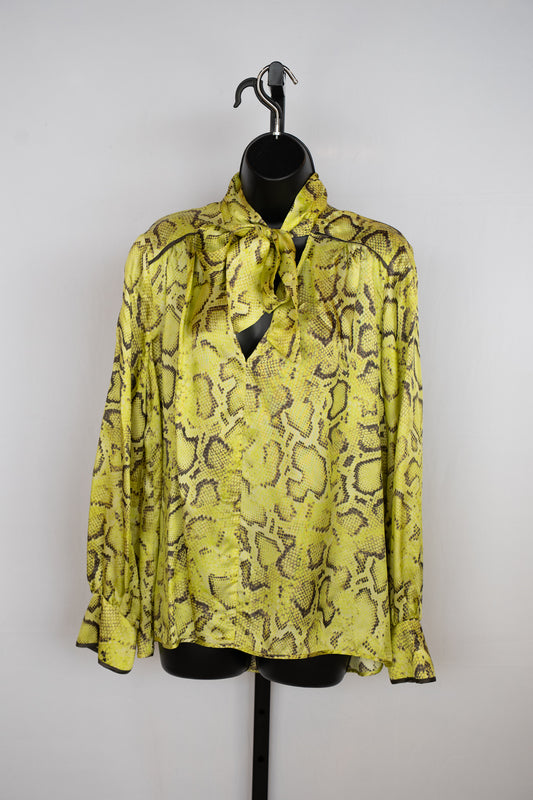 Pinko Satin Yellow Snakeskin Print V & Tie-Neck Long Sleeve Blouse