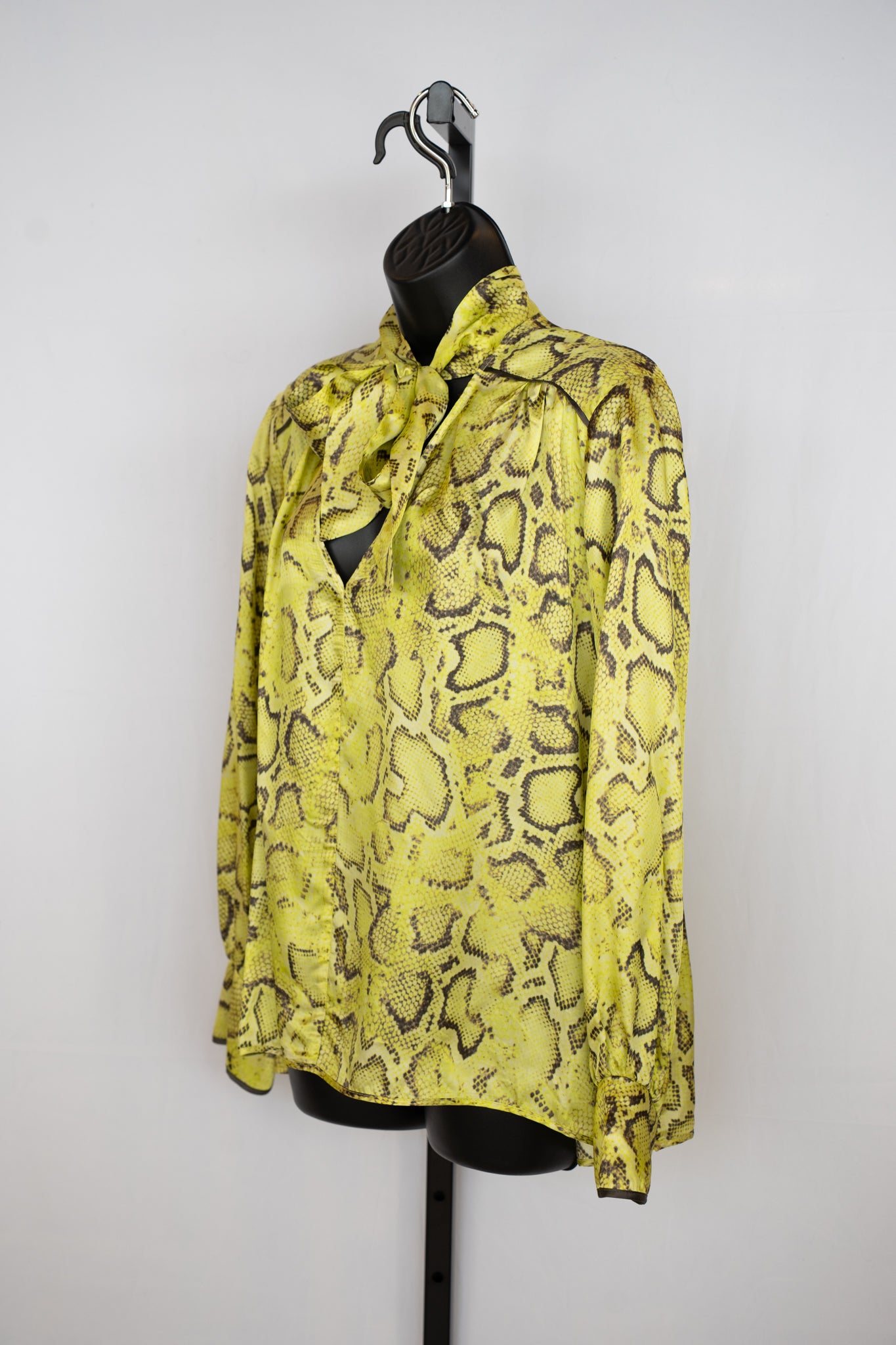 Pinko Satin Yellow Snakeskin Print V & Tie-Neck Long Sleeve Blouse