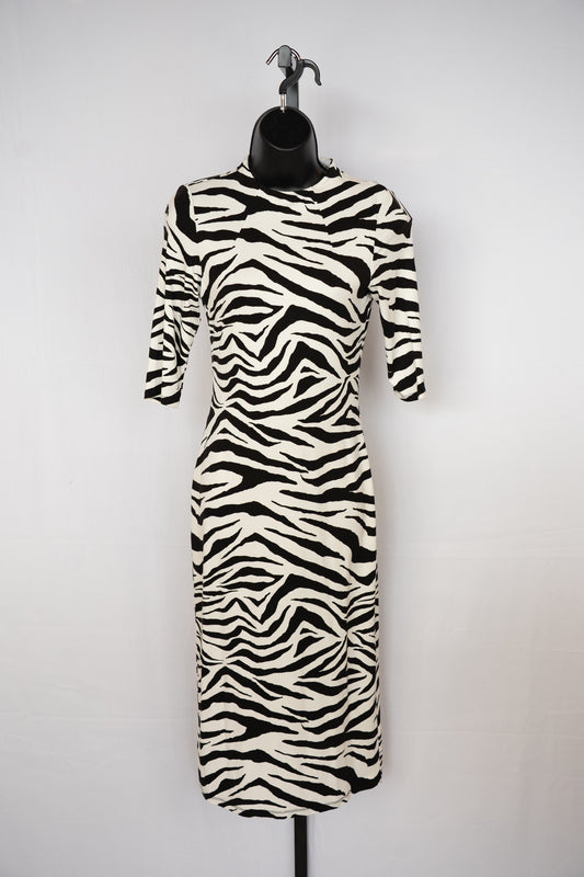 Alice + Olivia Black White Zebra Print High-Neck 1/2 Sleeve Midi Dress