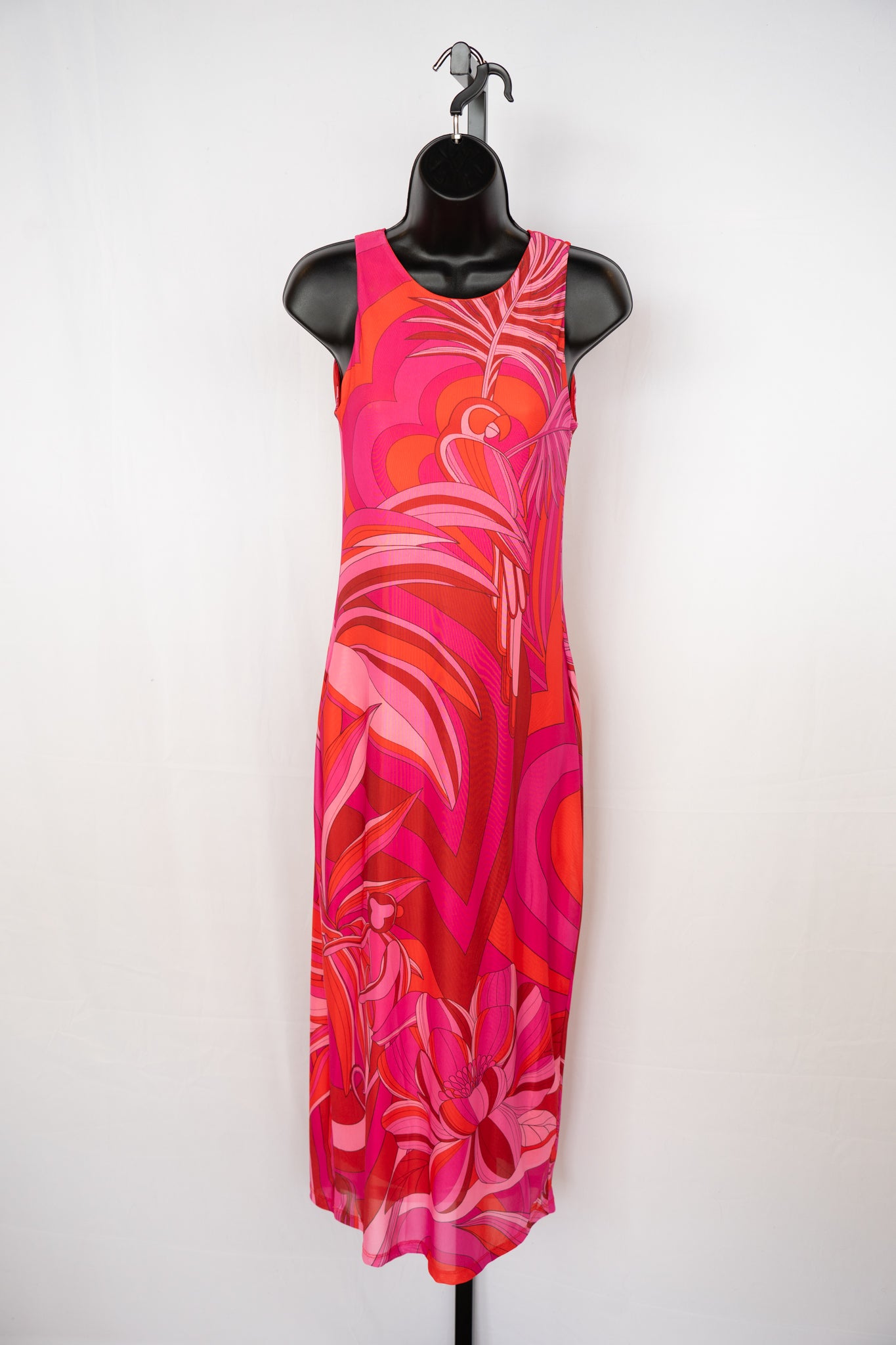 Farm Rio Mesh Pink Orange Abstract Sleeveless Midi Dress