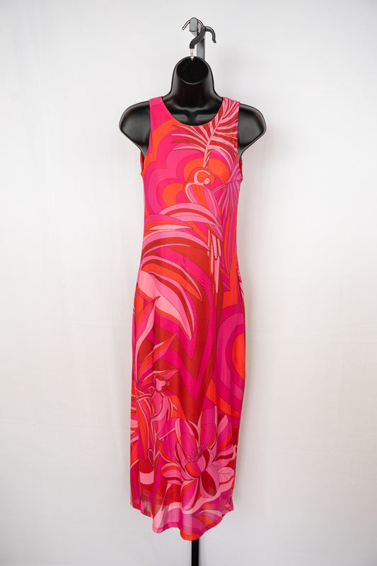 Farm Rio Mesh Pink Orange Abstract Sleeveless Midi Dress