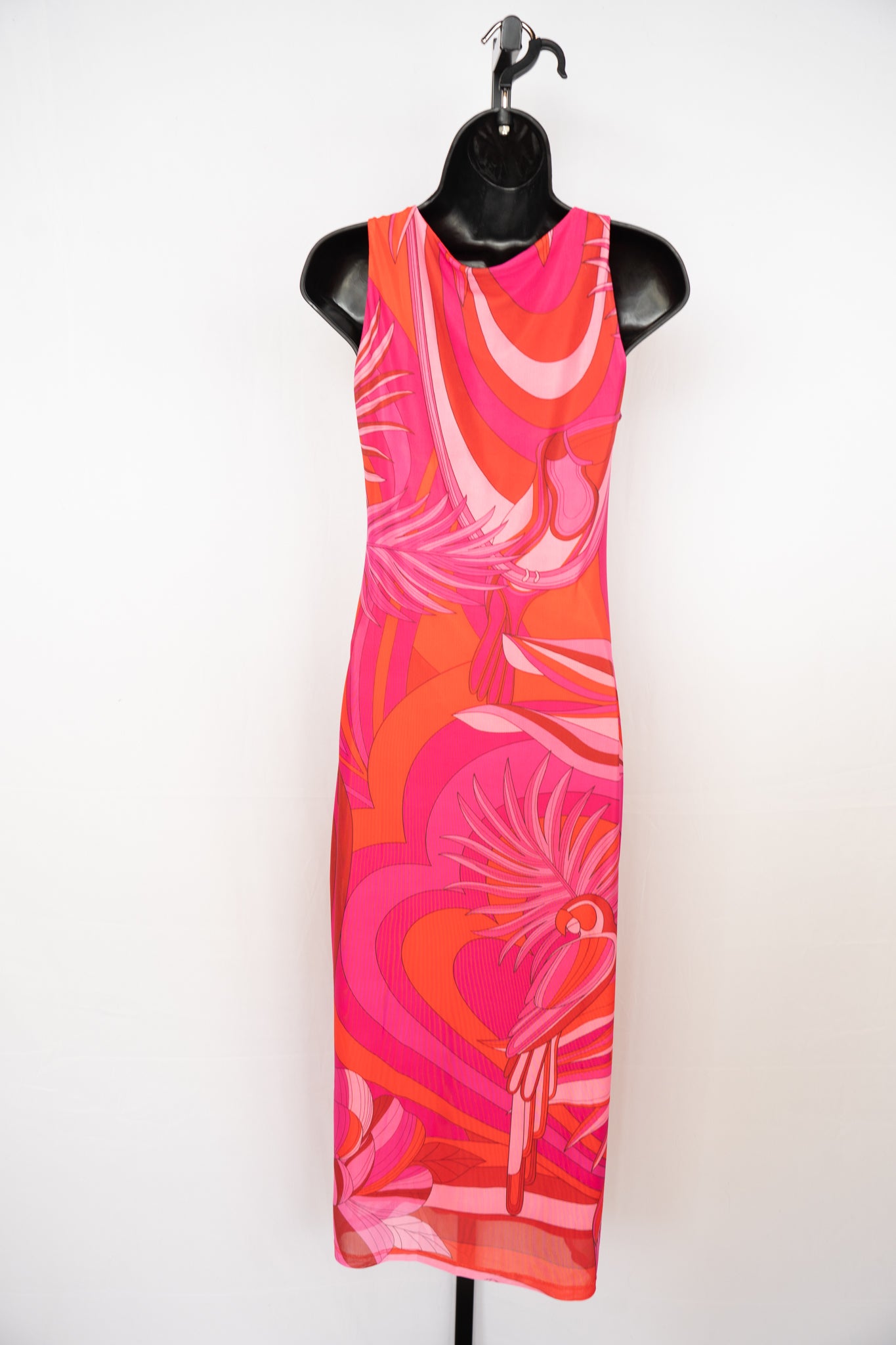 Farm Rio Mesh Pink Orange Abstract Sleeveless Midi Dress