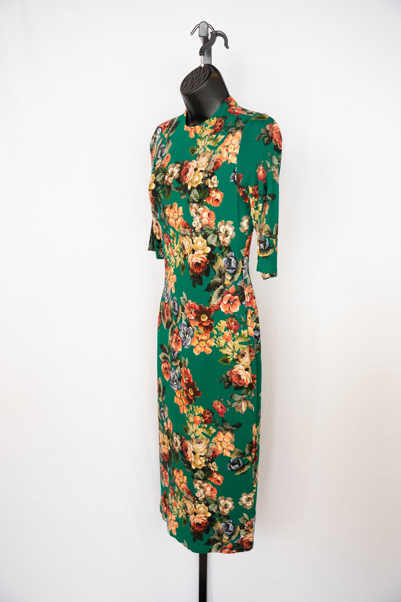 Alice + Olivia Green w Orange Blue Floral Print High-Neck 1/2 Sleeve Midi Dress