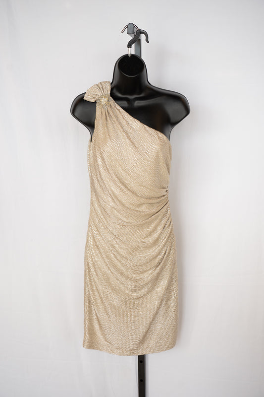 David Meister Gold Shimmer Ruched One Shoulder Mini Dress