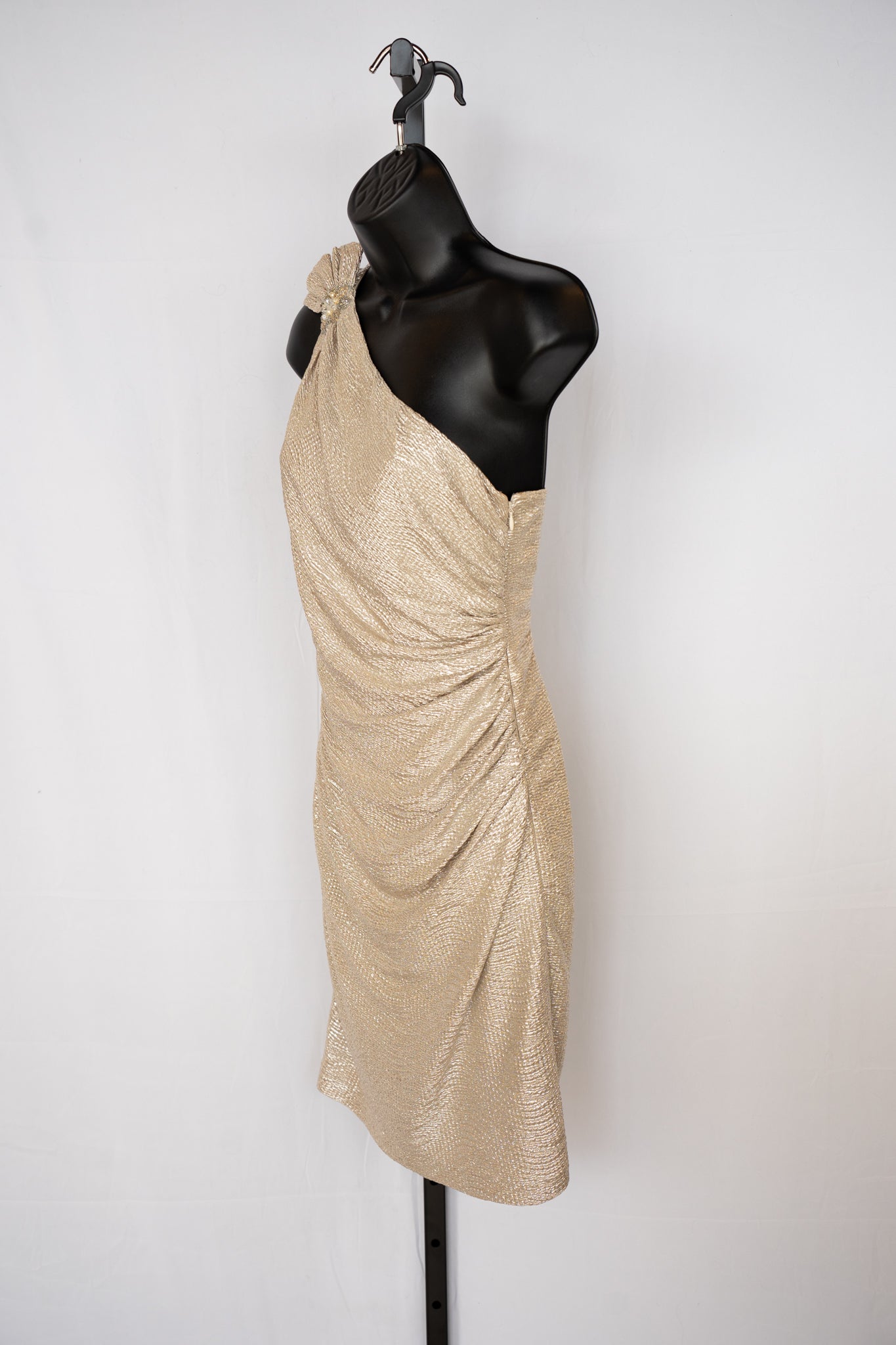 David Meister Gold Shimmer Ruched One Shoulder Mini Dress