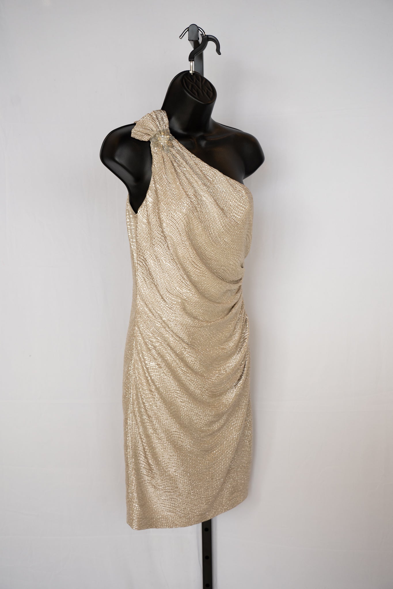 David Meister Gold Shimmer Ruched One Shoulder Mini Dress