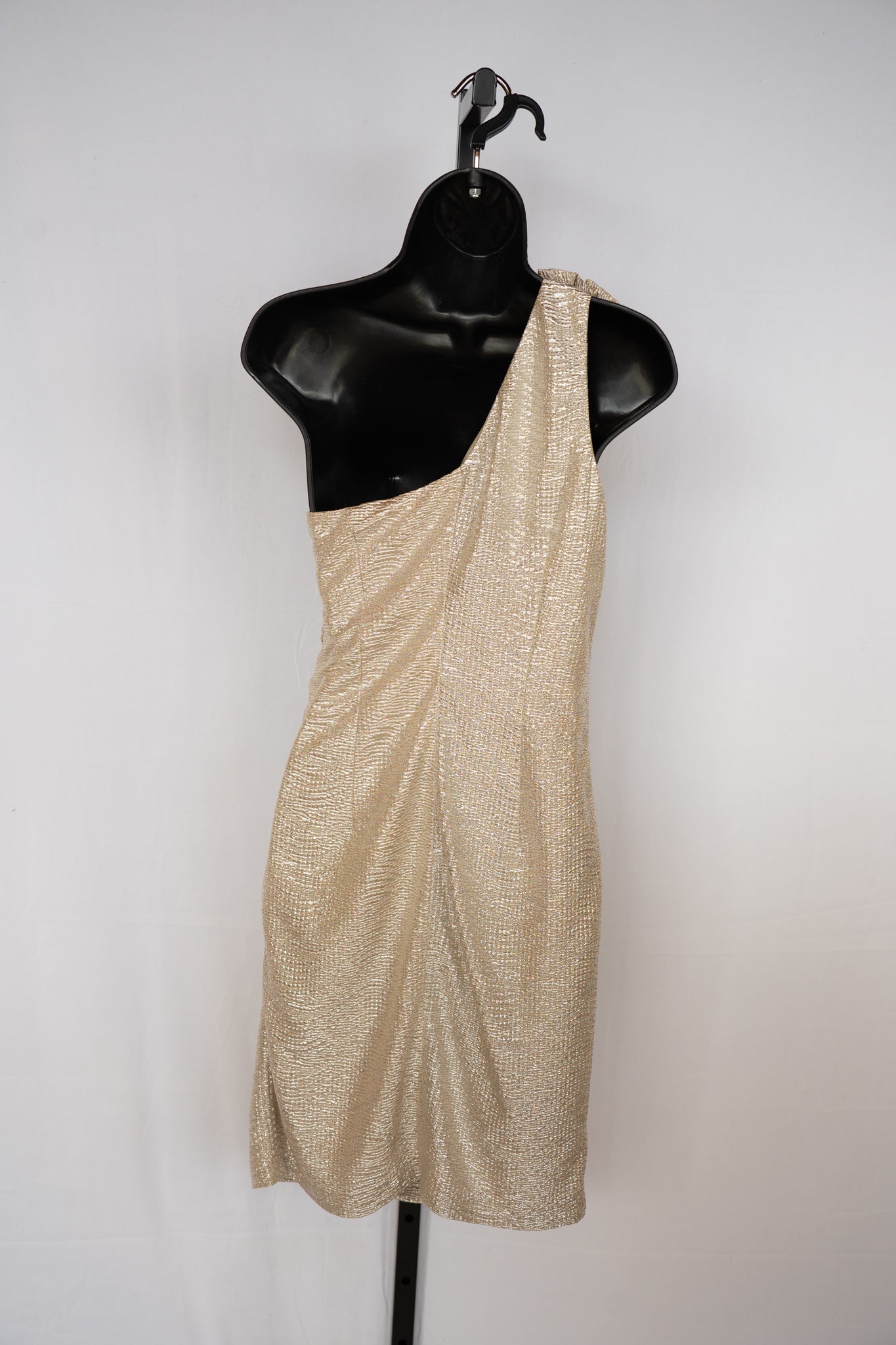 David Meister Gold Shimmer Ruched One Shoulder Mini Dress