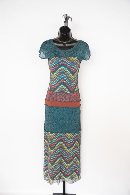 Weston Wear Mesh Turquoise Multicolor Print Short Sleeve Tiered Midi Dress