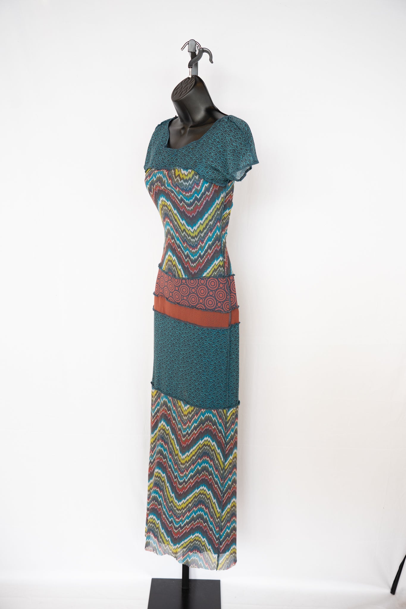 Weston Wear Mesh Turquoise Multicolor Print Short Sleeve Tiered Midi Dress