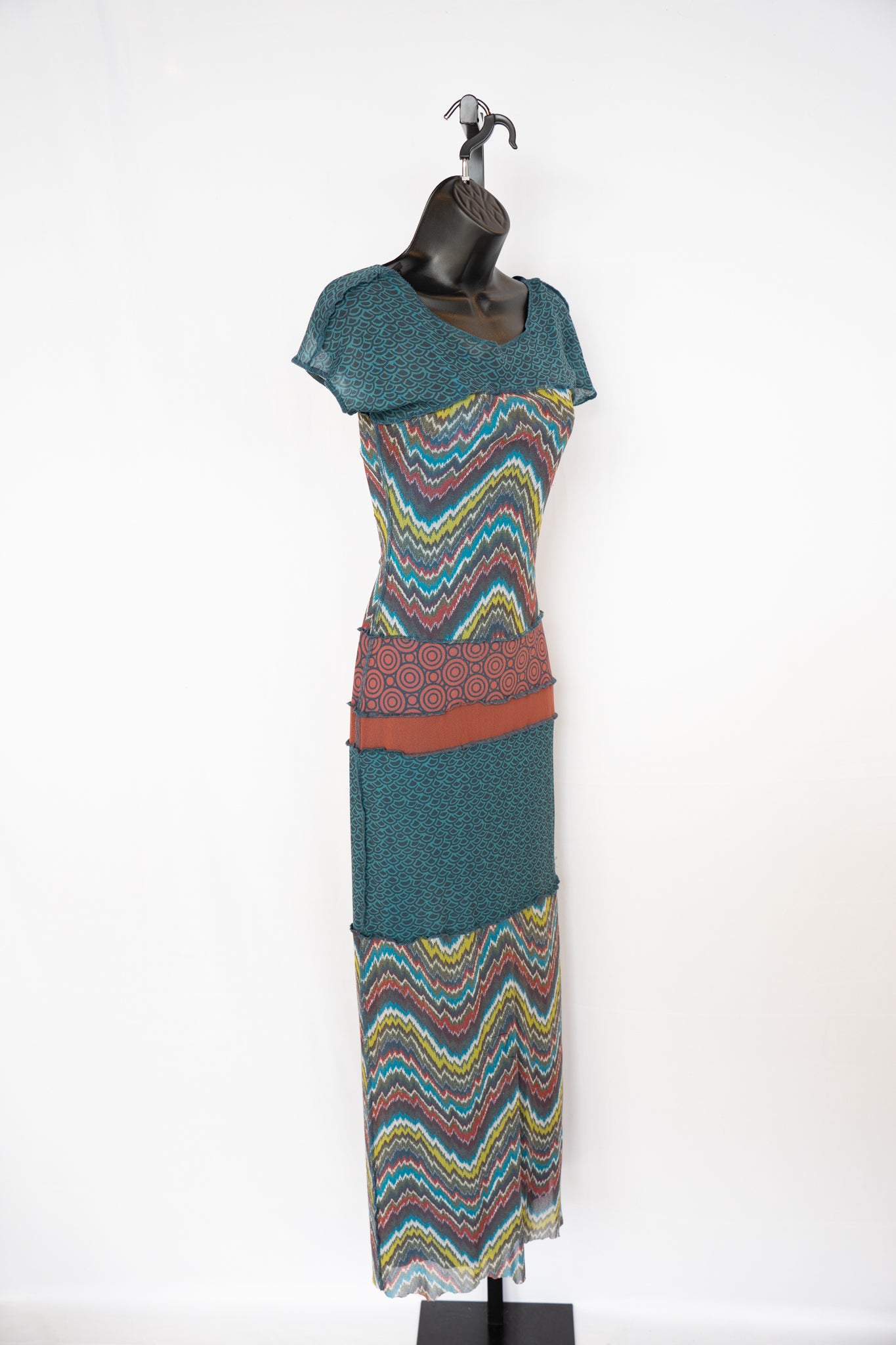 Weston Wear Mesh Turquoise Multicolor Print Short Sleeve Tiered Midi Dress