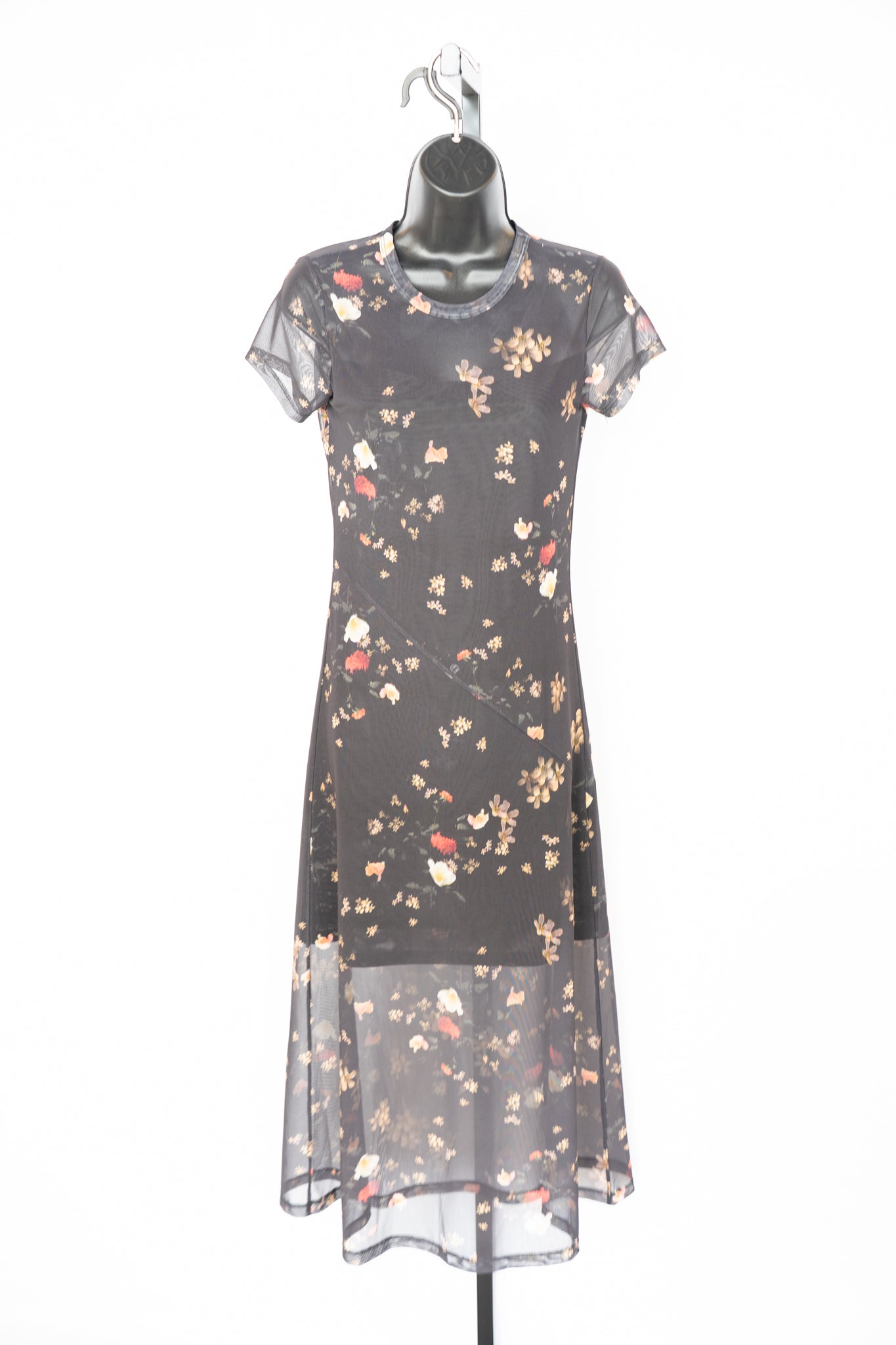 All Saints Black Floral Mesh Short Sleeve Midi Dress w Slip