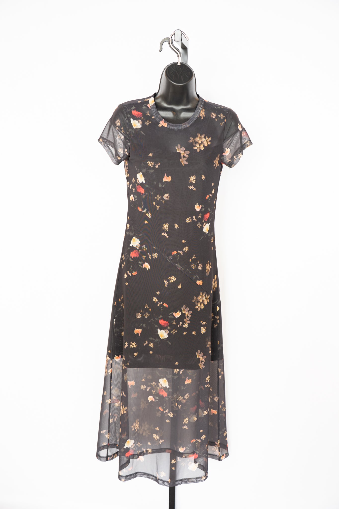 All Saints Black Floral Mesh Short Sleeve Midi Dress w Slip