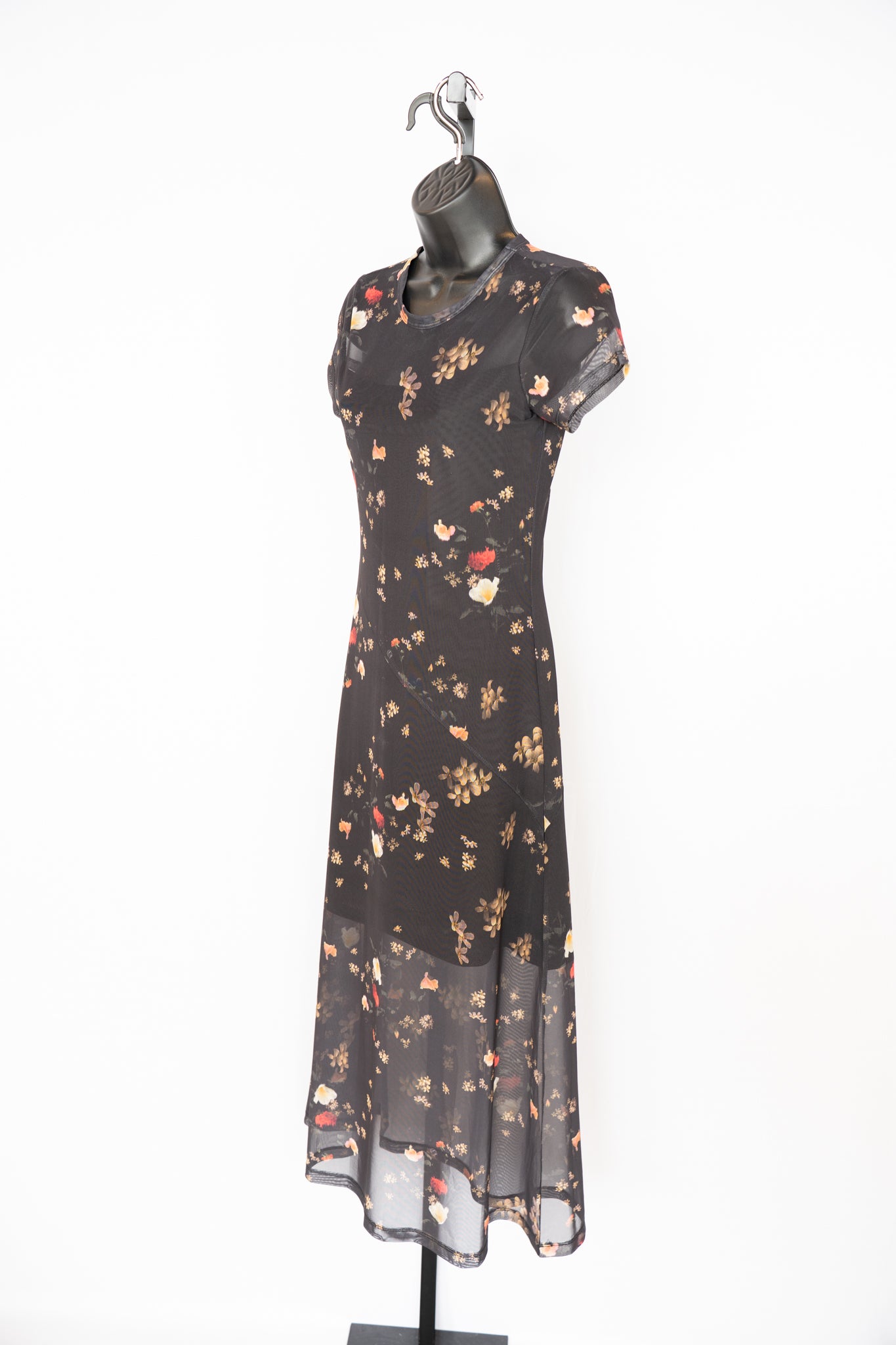 All Saints Black Floral Mesh Short Sleeve Midi Dress w Slip