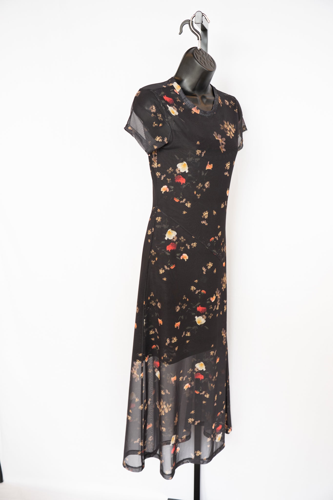 All Saints Black Floral Mesh Short Sleeve Midi Dress w Slip