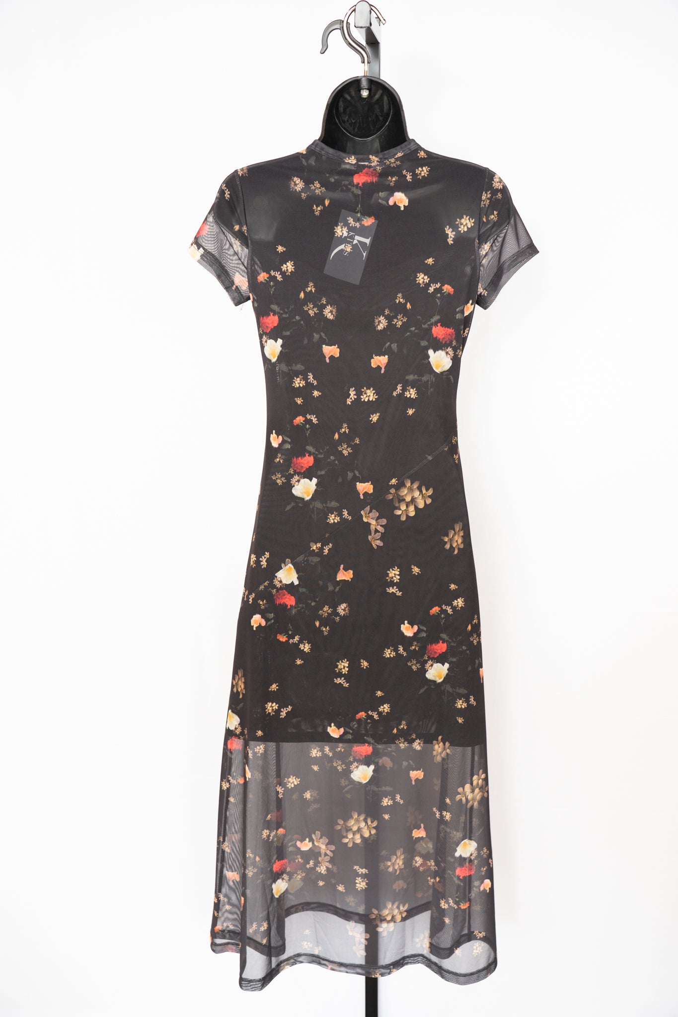 All Saints Black Floral Mesh Short Sleeve Midi Dress w Slip