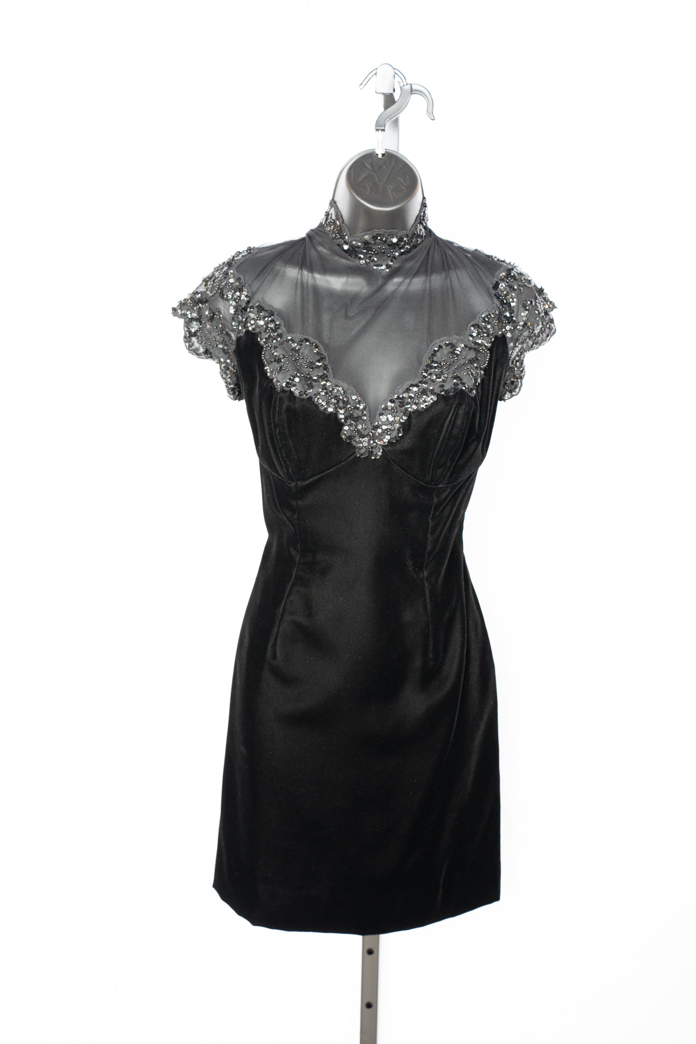 Vicky Tiel Couture Black Velvet Mini Dress w/ Mesh Top & Sequin Detail