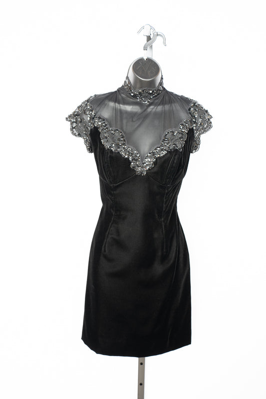 Vicky Tiel Couture Black Velvet Mini Dress w/ Mesh Top & Sequin Detail