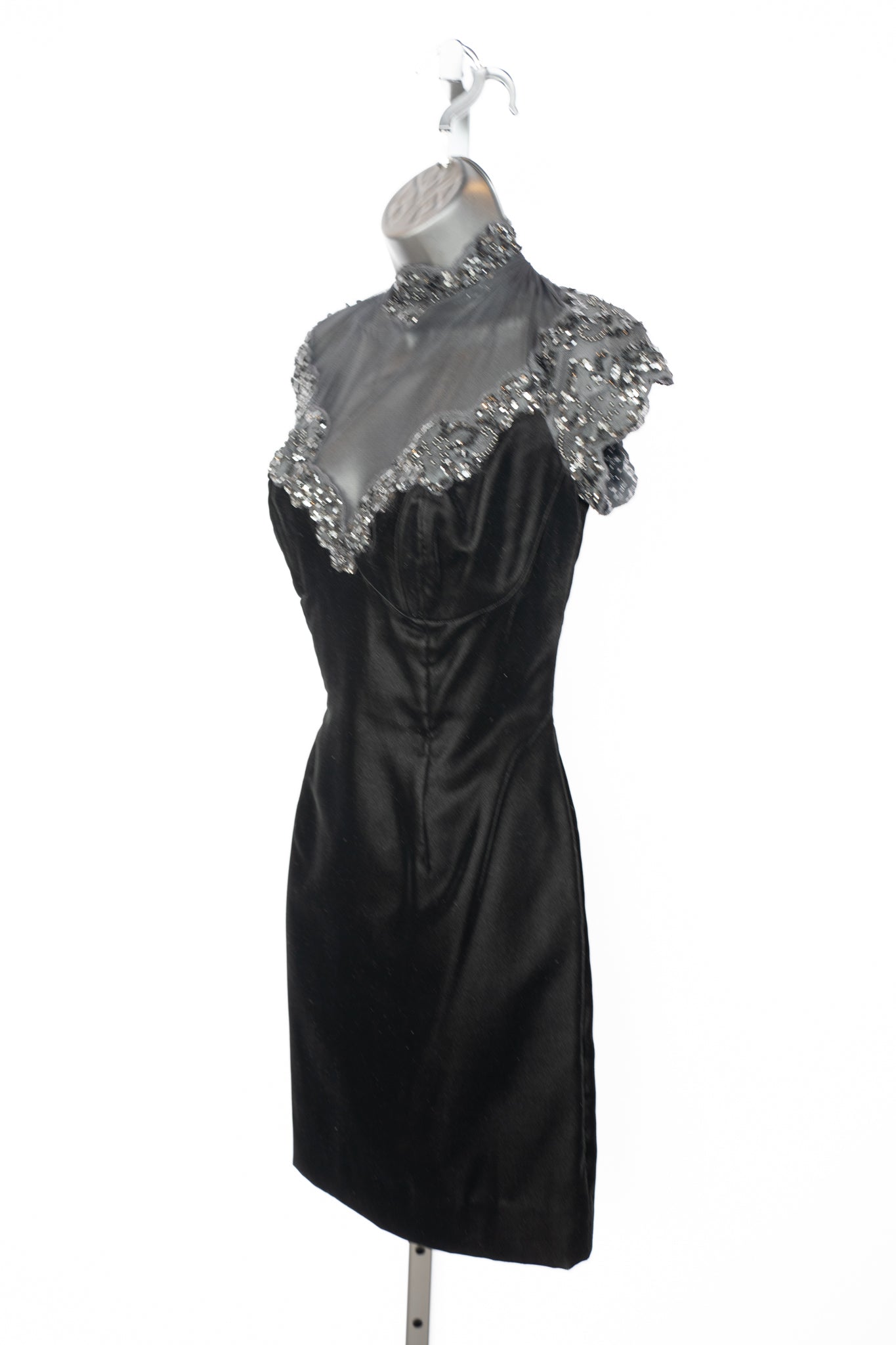 Vicky Tiel Couture Black Velvet Mini Dress w/ Mesh Top & Sequin Detail