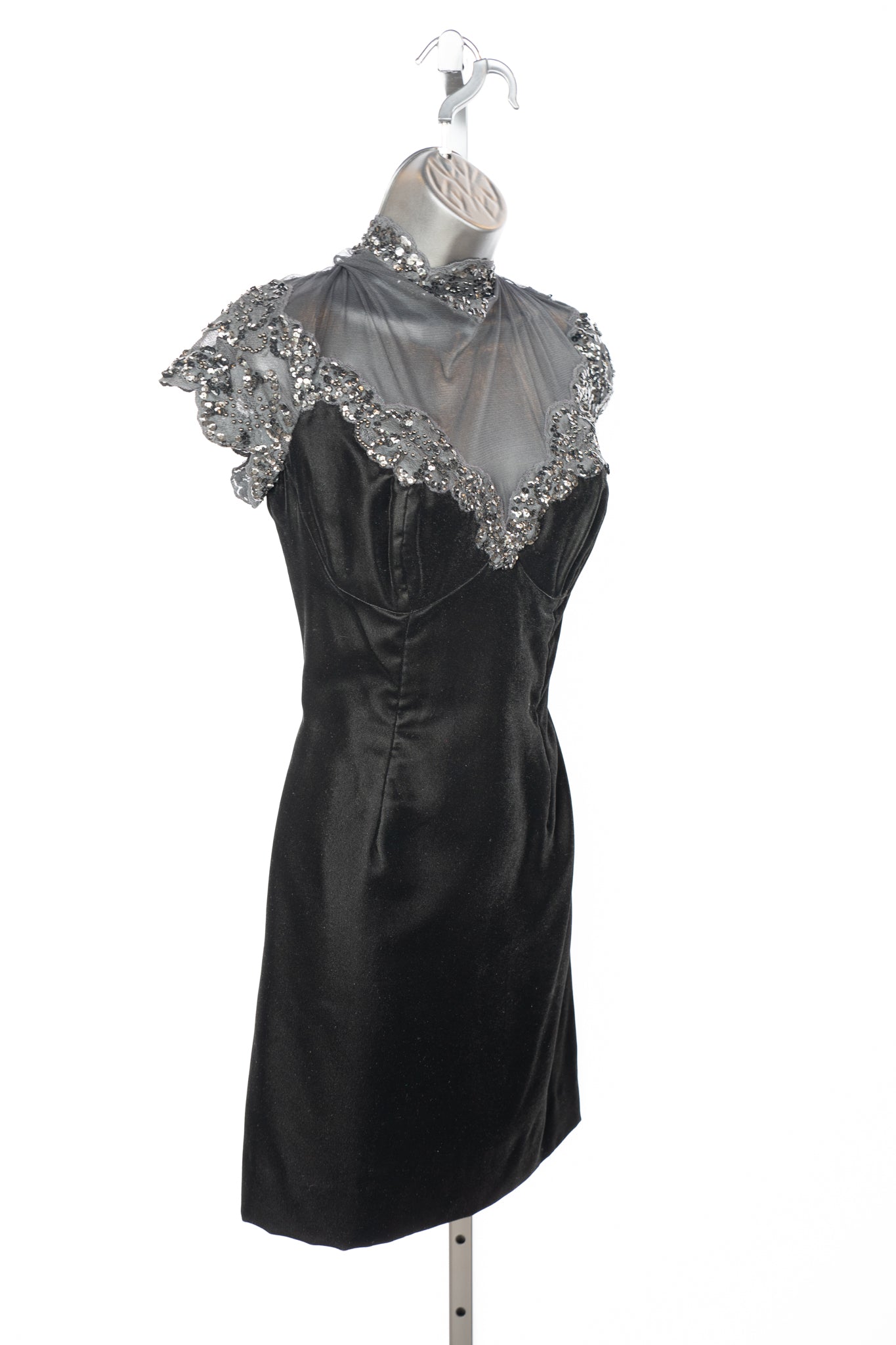 Vicky Tiel Couture Black Velvet Mini Dress w/ Mesh Top & Sequin Detail