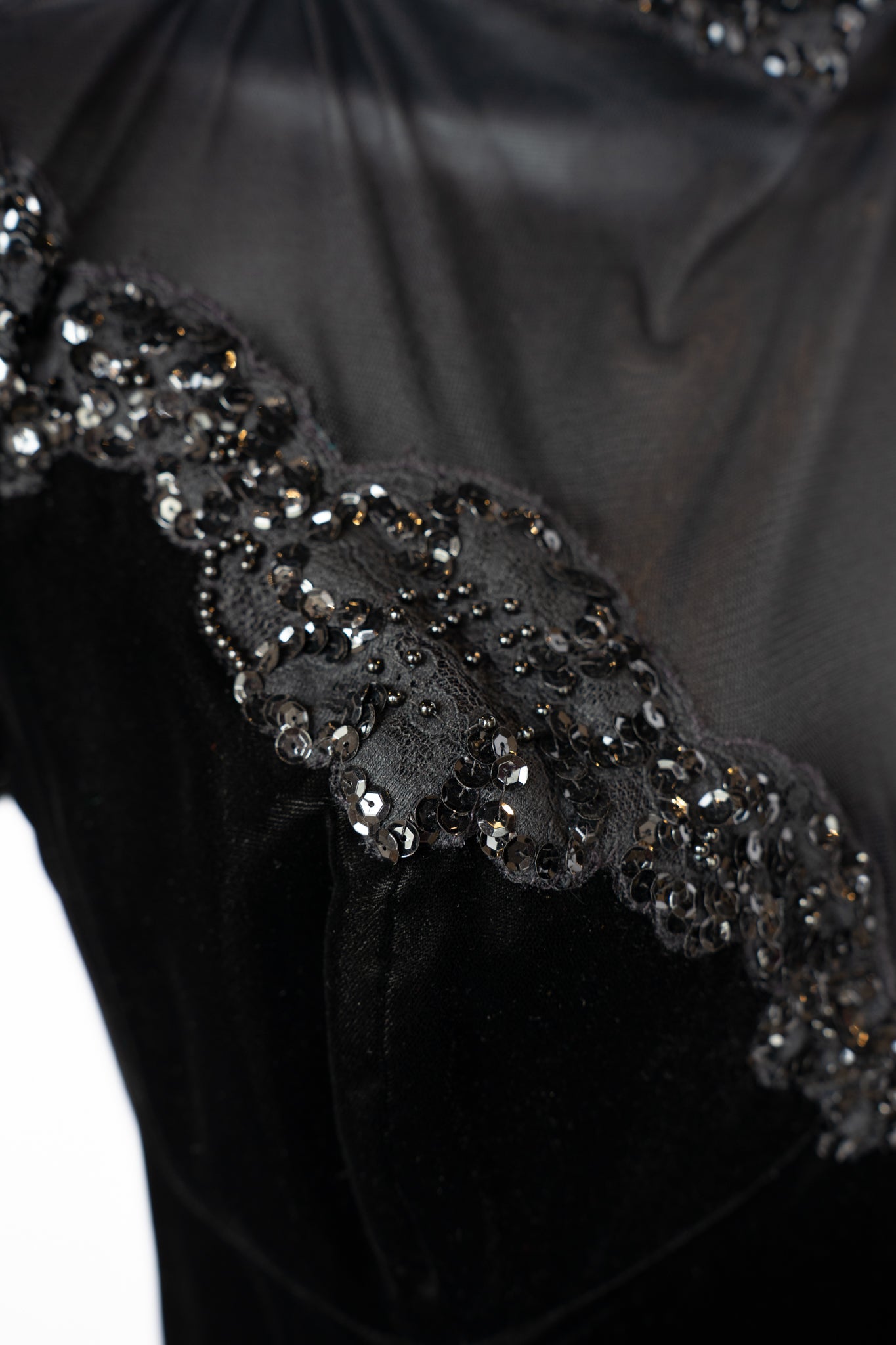 Vicky Tiel Couture Black Velvet Mini Dress w/ Mesh Top & Sequin Detail