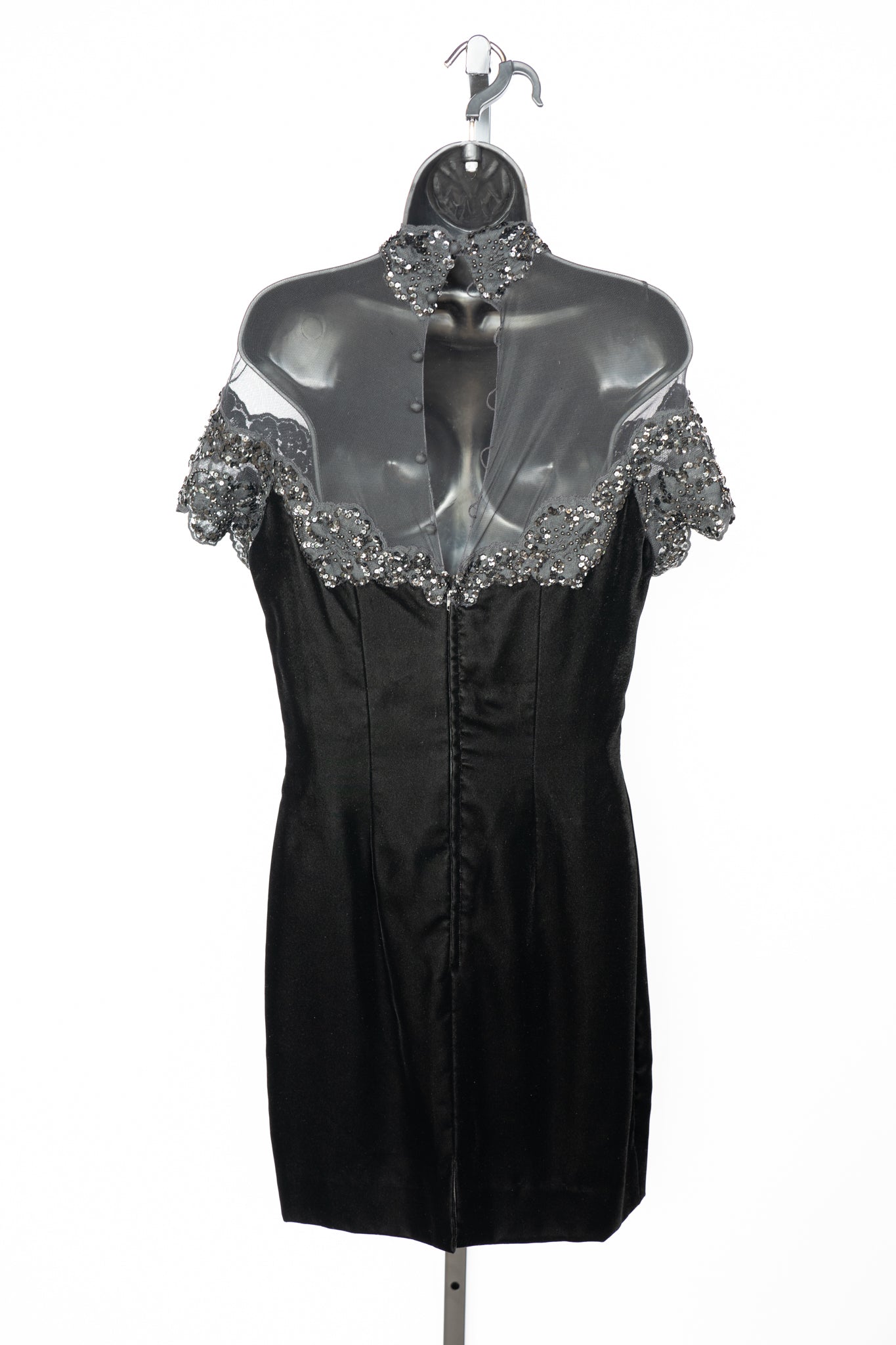 Vicky Tiel Couture Black Velvet Mini Dress w/ Mesh Top & Sequin Detail