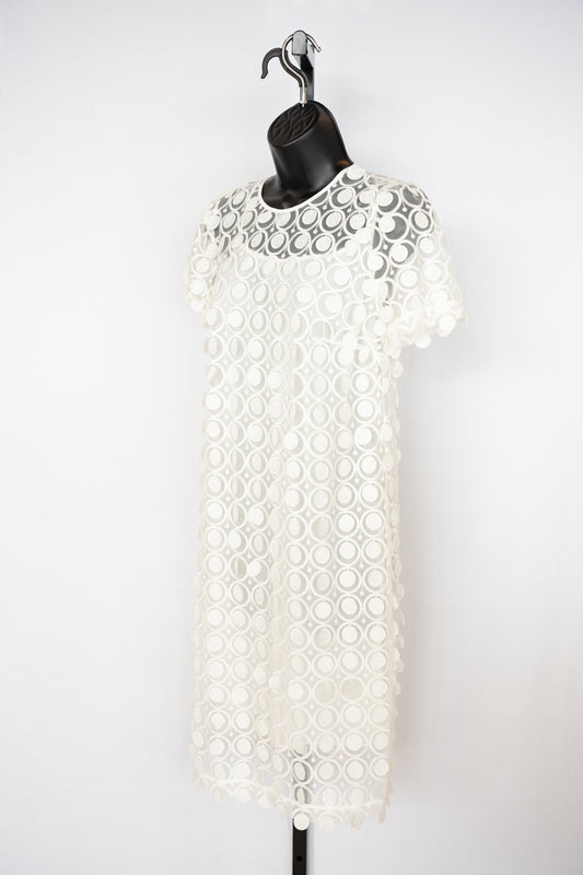 MICHAEL Michael Kors White Mesh w Circular Fringe Short Sleeve Knee-Length Dress