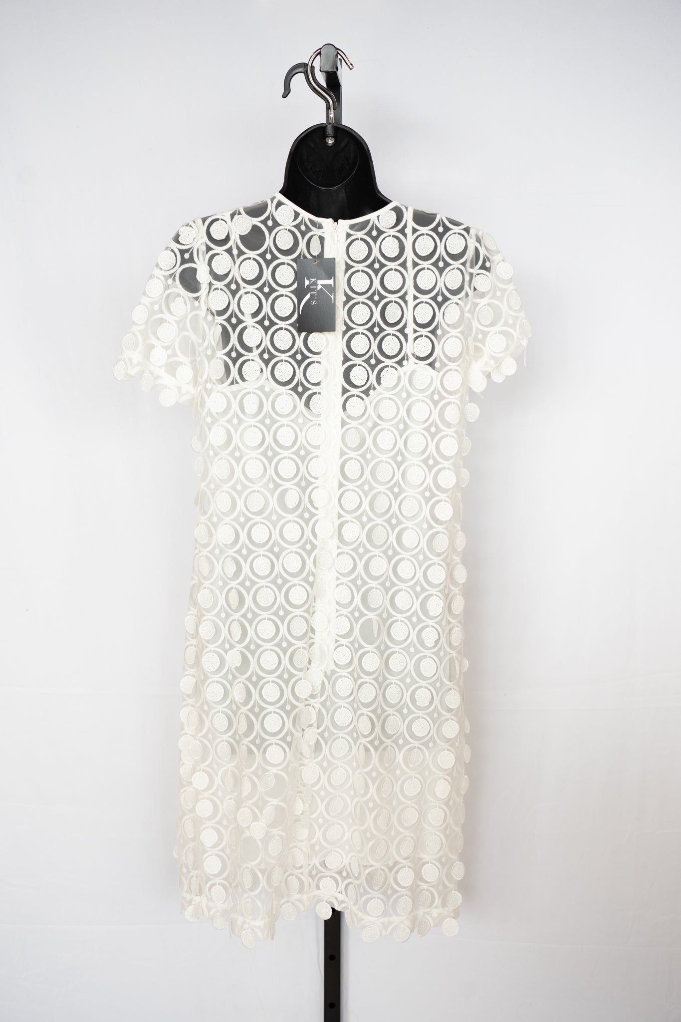 MICHAEL Michael Kors White Mesh w Circular Fringe Short Sleeve Knee-Length Dress