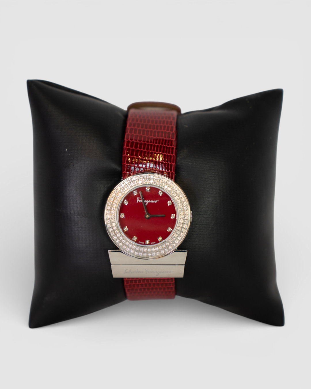 COMES WITH BOX - Salvatore Ferragamo Red Leather Watch w/ Diamonds