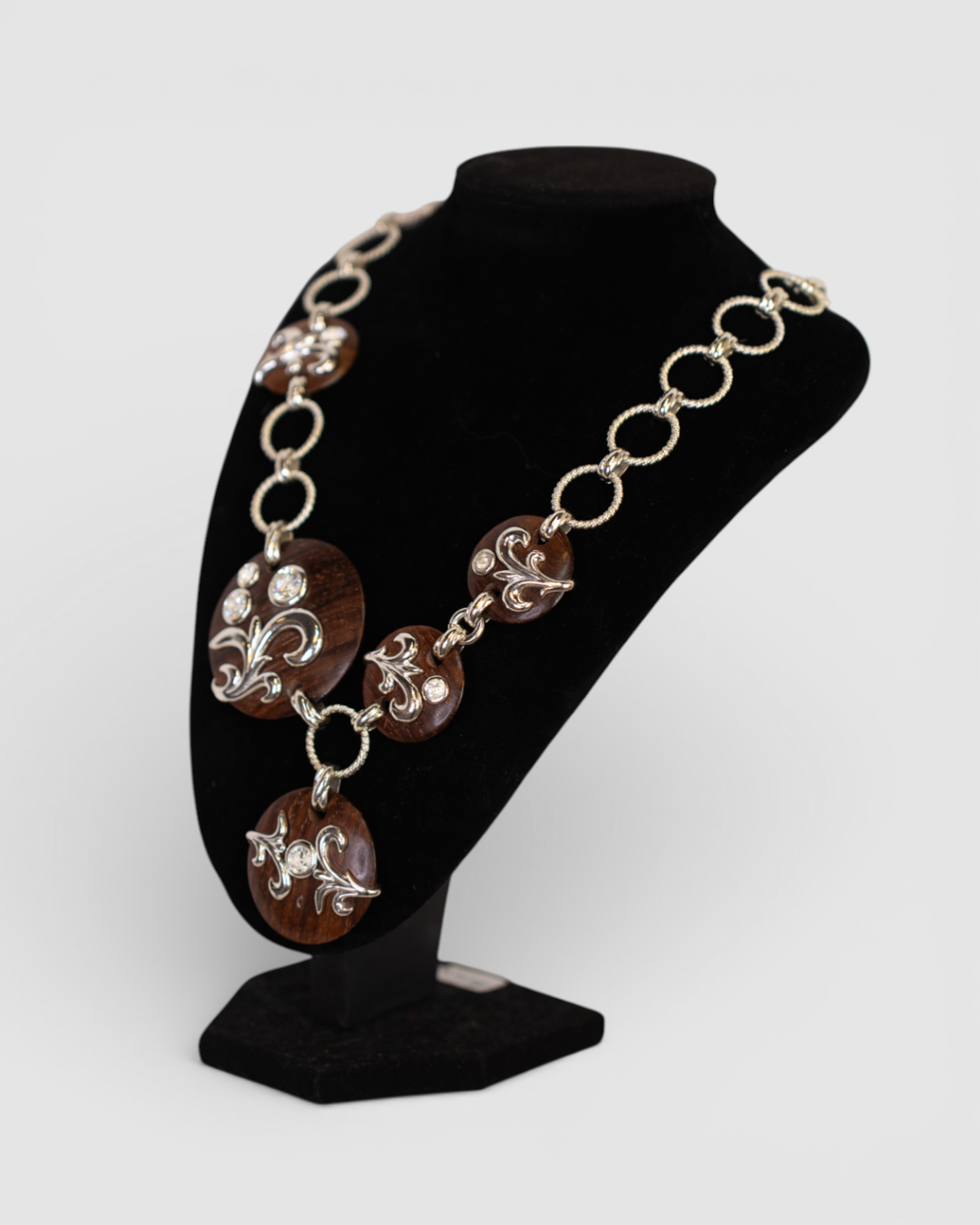 Dominique Auriemtis Brown Circular Wood Bead Necklace w/ Silver Toned Large Chain