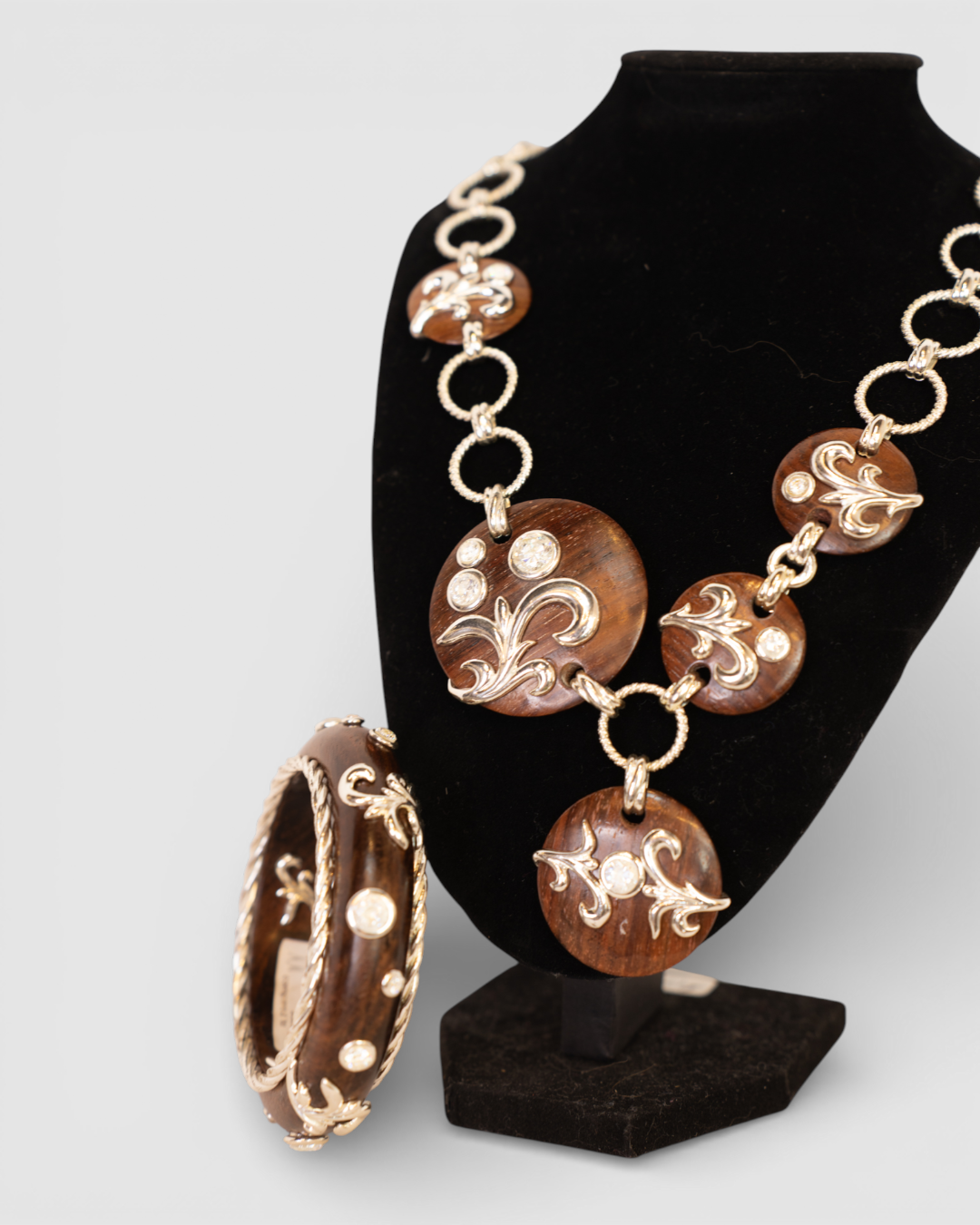 Dominique Auriemtis Brown Wood Bangle w/ Silver & Rhinestone Details