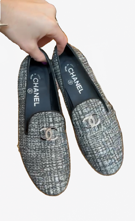 Chanel Silver Sparkle w CC Logo Loafers
