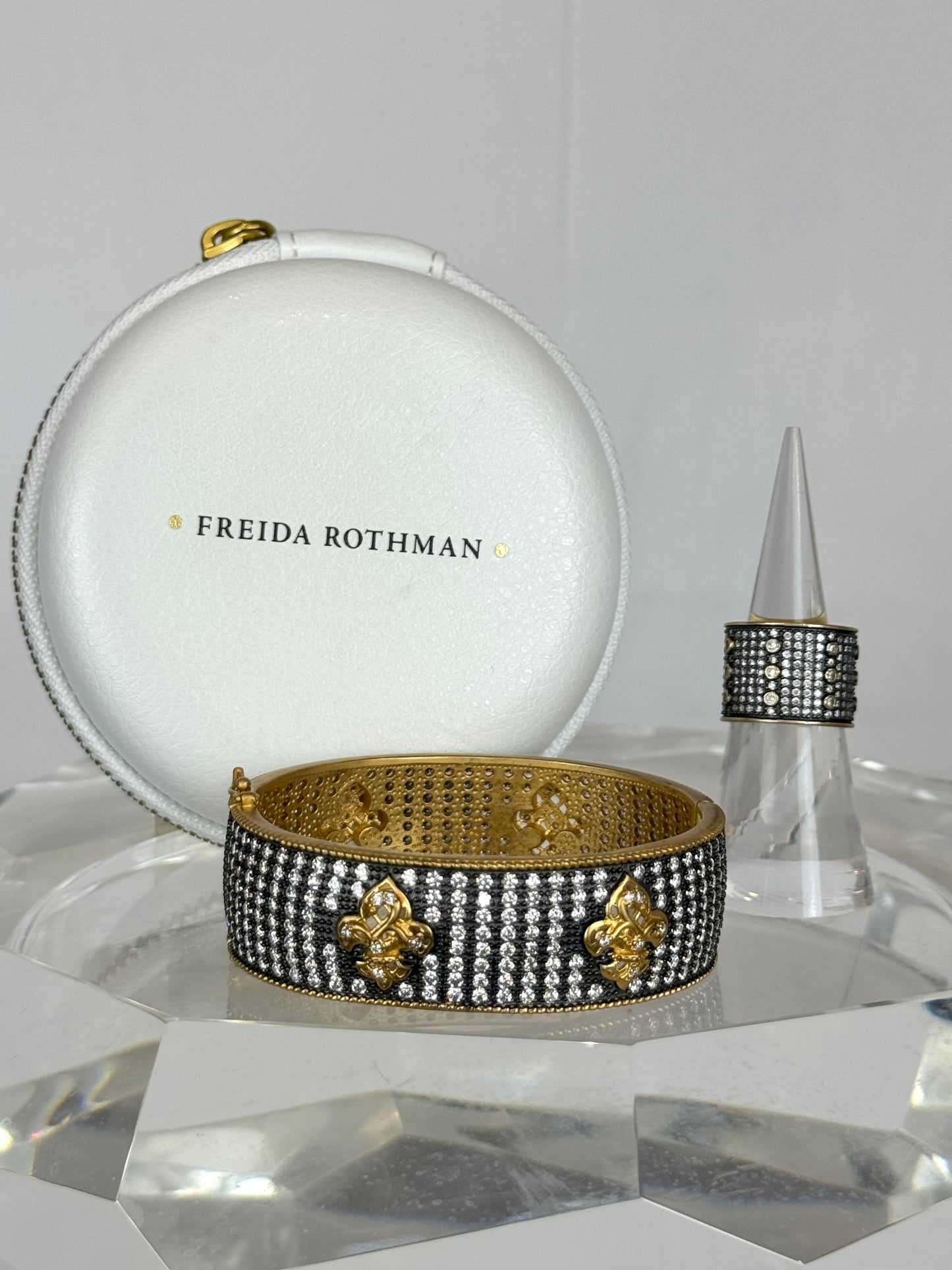 Freida Rothman Gold Black Matte & Rhinestone Thick Bangle Bracelet