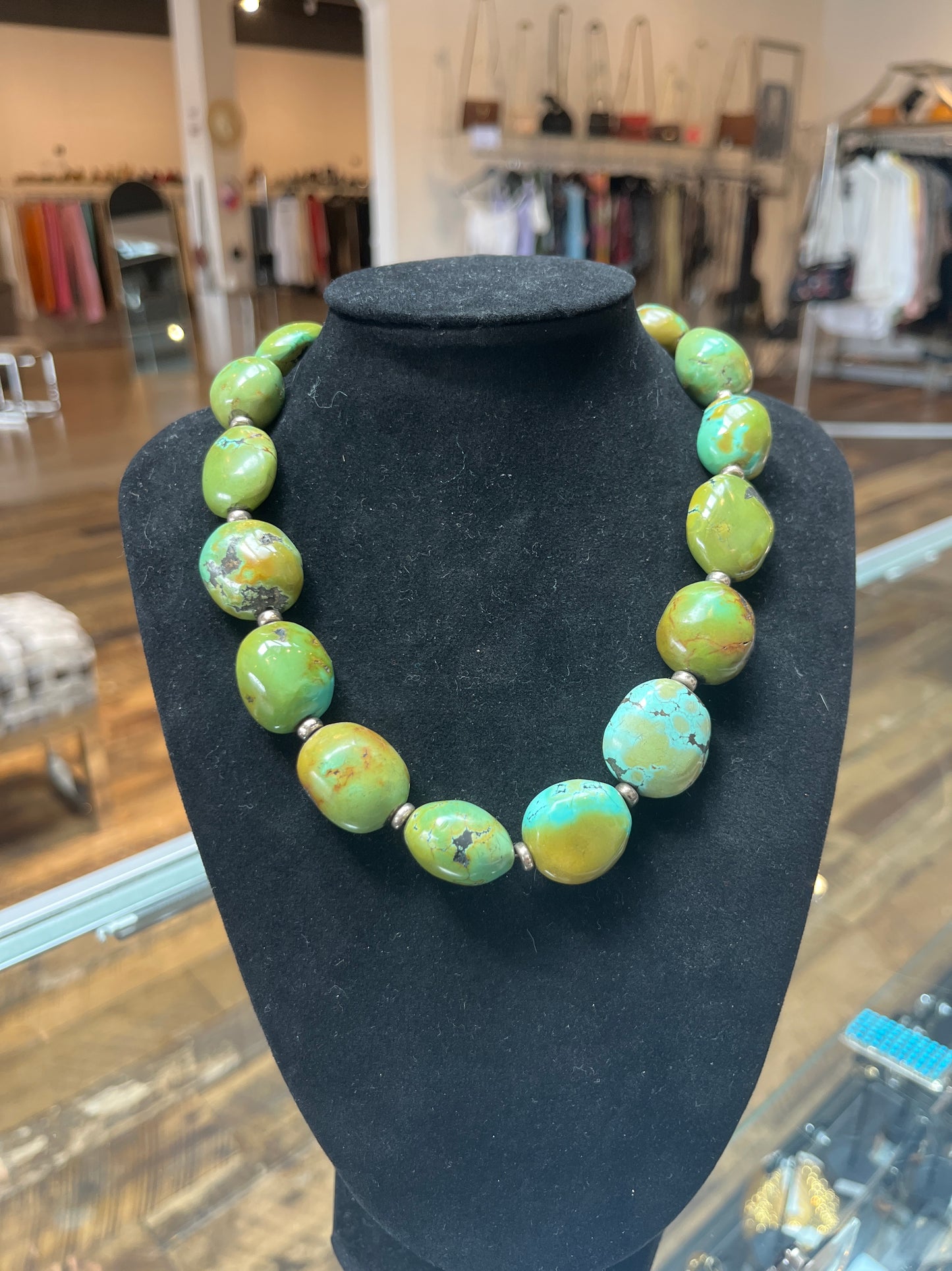 Chunky Green Blue Turquoise Sterling Silver Necklace