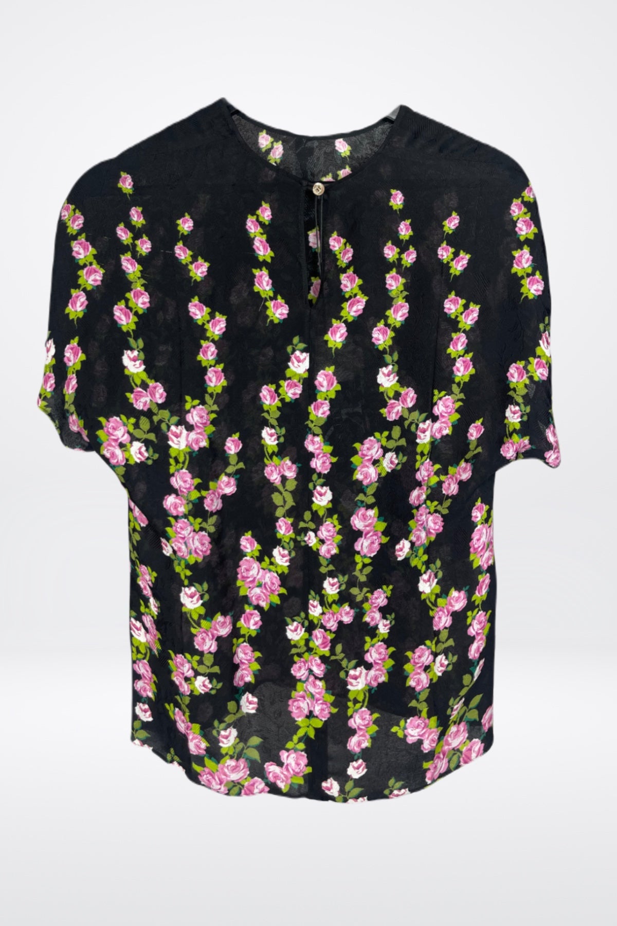 Gucci Roses Black & Pink Rose Print Short Sleeve Blouse NWT