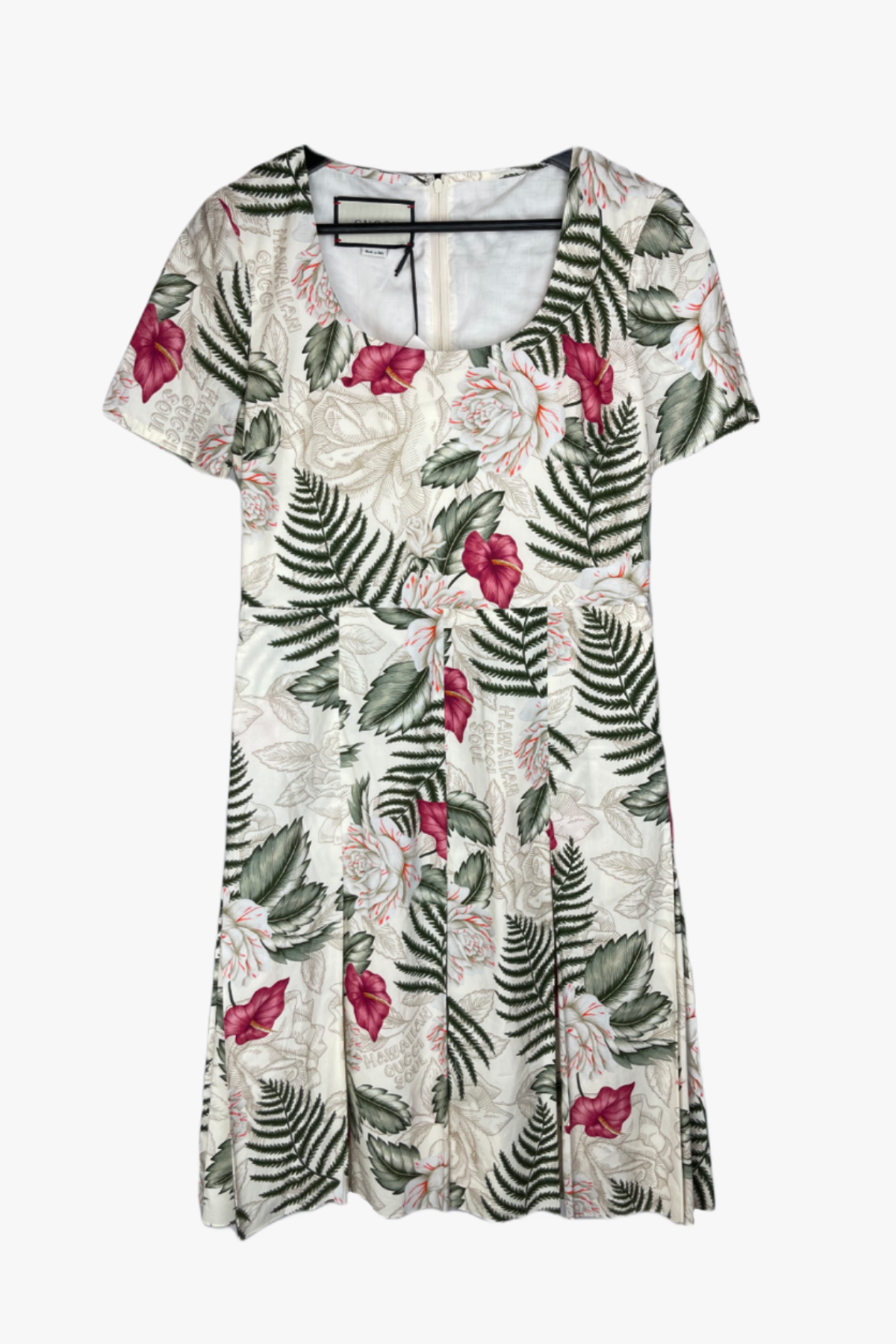 Gucci White w Red & Green Floral Short Sleeve Square-Neck "Hawaiian Dream Dress" NWT
