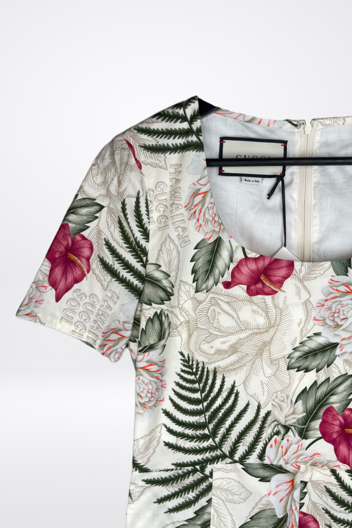 Gucci White w Red & Green Floral Short Sleeve Square-Neck "Hawaiian Dream Dress" NWT