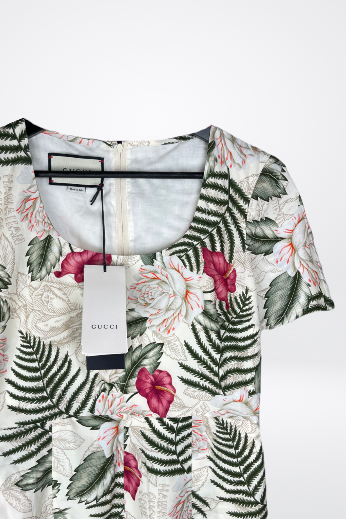 Gucci White w Red & Green Floral Short Sleeve Square-Neck "Hawaiian Dream Dress" NWT