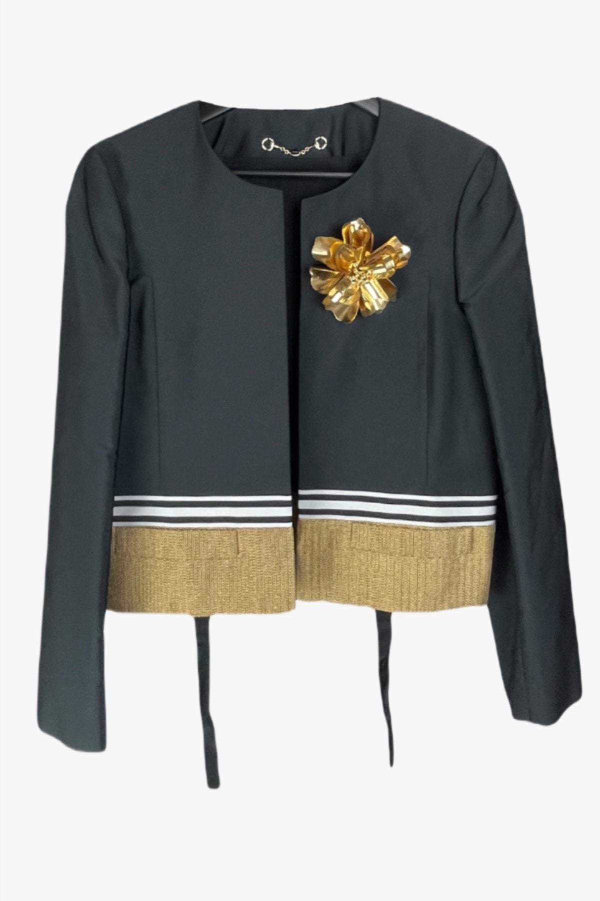 Gucci Cropped Collarless Jacket w/ Gold Metal Brooch
