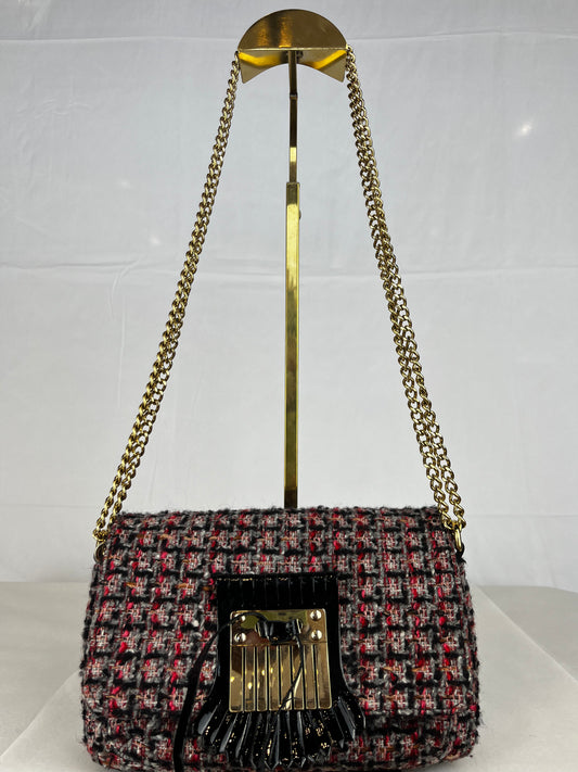Red Valentino Tweed Black & Red Kiltie Chain Shoulder Bag
