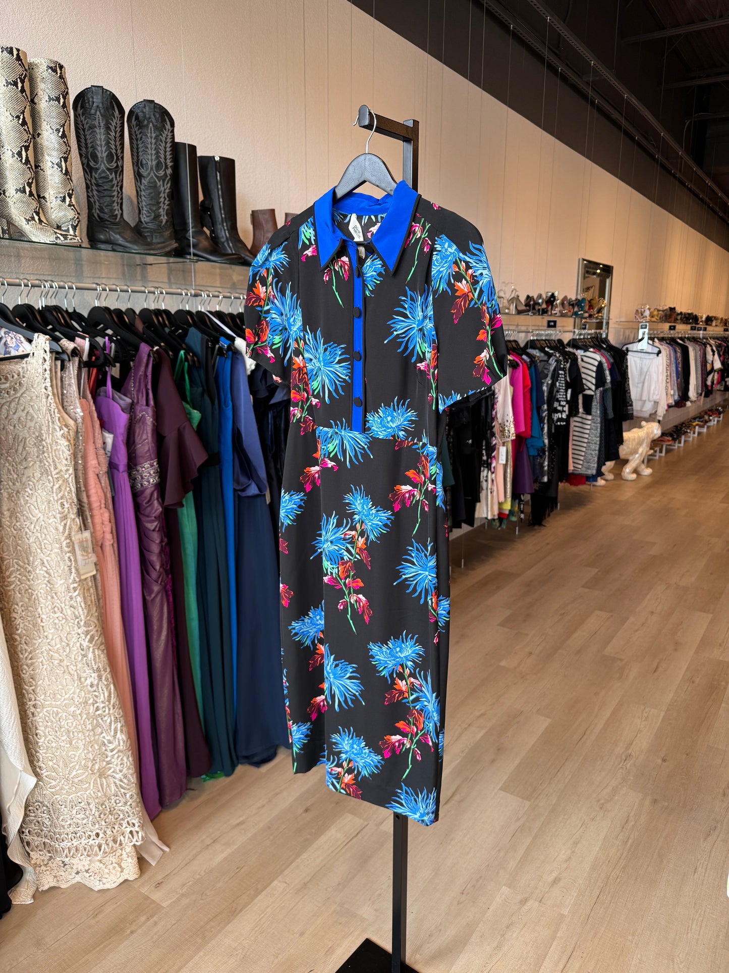 Diane von Furstenberg Black w/ Cobalt Lined Midi Dress & Floral Pattern NWT