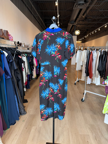 Diane von Furstenberg Black w/ Cobalt Lined Midi Dress & Floral Pattern NWT