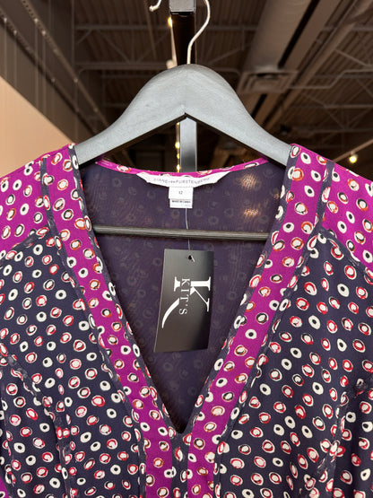 Diane von Furstenberg Purple & Navy Silk Polka Dot Long Sleeve Dress